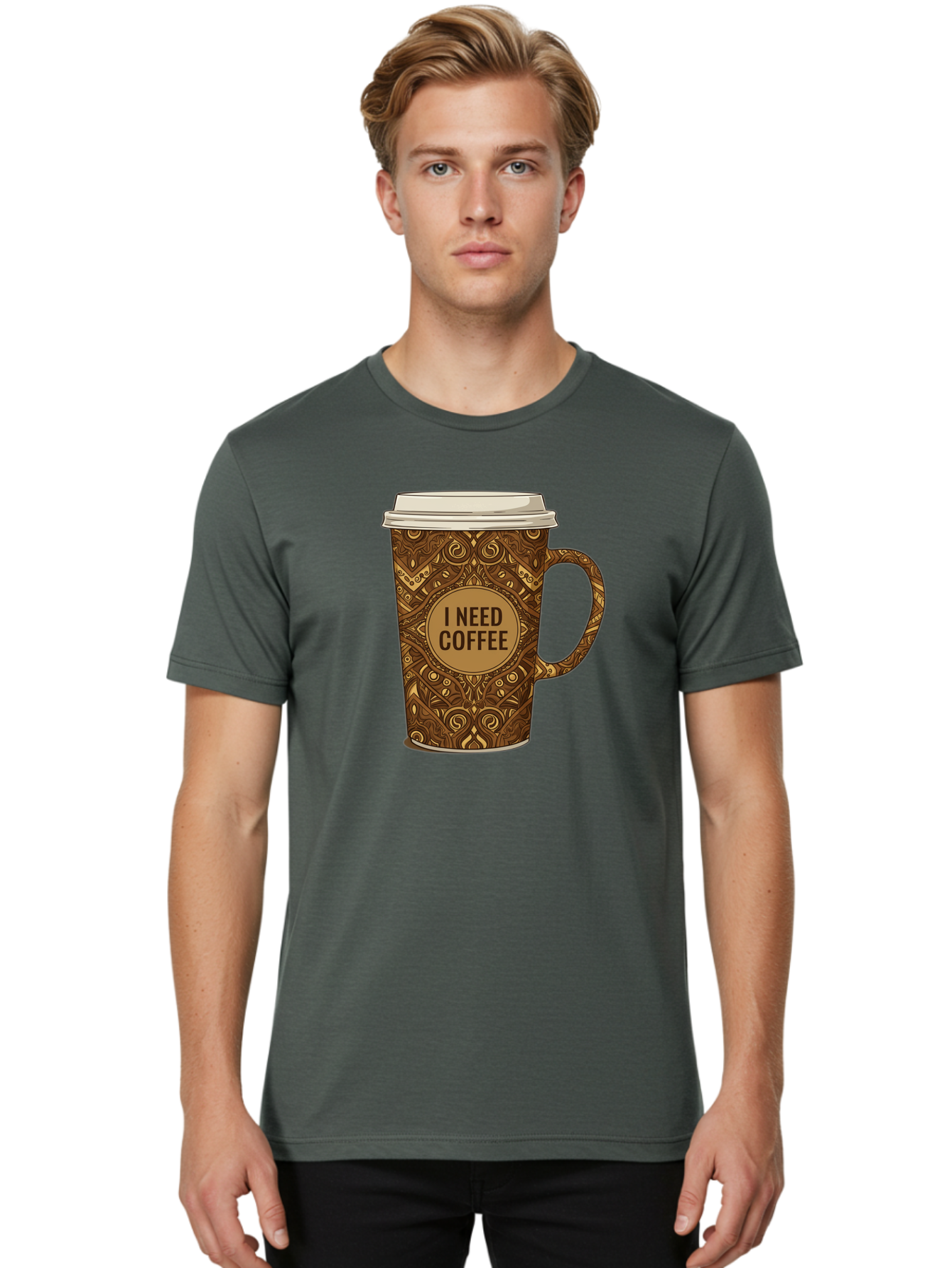 I-Need-Coffee-14 Men'S Graphic Tee, 100% Cotton, Comfortable Casual Summer Wear, Machine Washable, Coffee Cup, Takeaway Coffee, Coffee Lover, Morning Coffee, Coffee Break, Coffee Time, Coffee Addiction, Coffee Culture, Coffee Design, Bac063