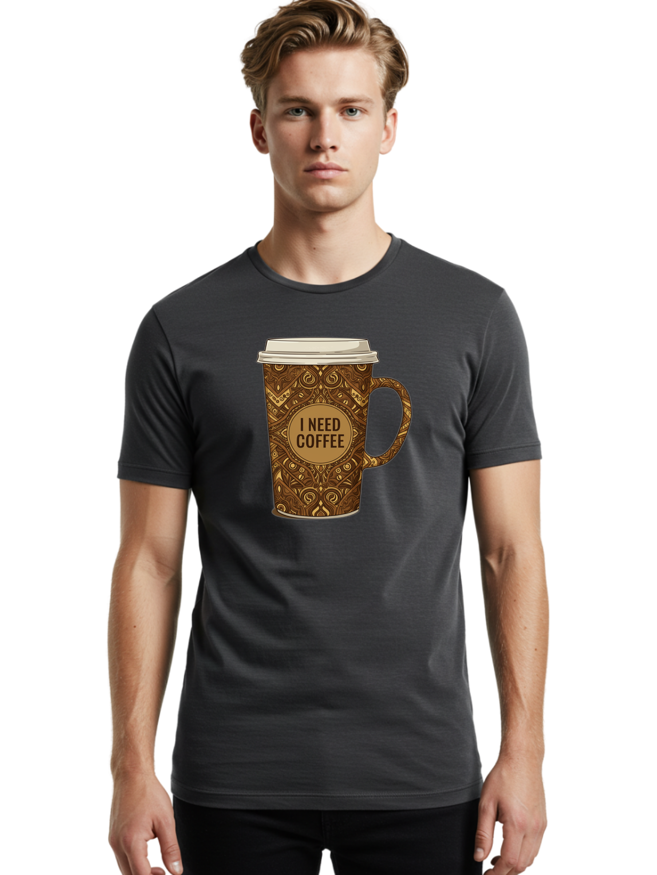 I-Need-Coffee-14 Men'S Graphic Tee, 100% Cotton, Comfortable Casual Summer Wear, Machine Washable, Coffee Cup, Takeaway Coffee, Coffee Lover, Morning Coffee, Coffee Break, Coffee Time, Coffee Addiction, Coffee Culture, Coffee Design, Bac063