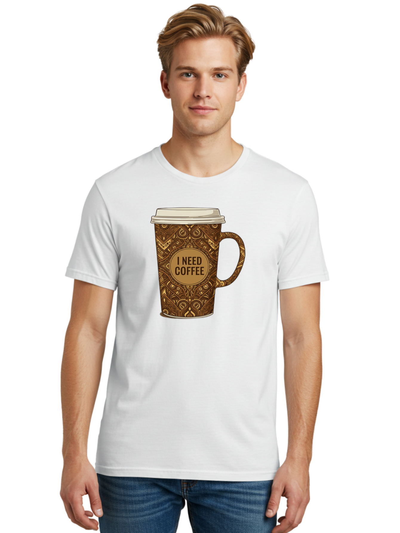 I-Need-Coffee-14 Men'S Graphic Tee, 100% Cotton, Comfortable Casual Summer Wear, Machine Washable, Coffee Cup, Takeaway Coffee, Coffee Lover, Morning Coffee, Coffee Break, Coffee Time, Coffee Addiction, Coffee Culture, Coffee Design, Bac063
