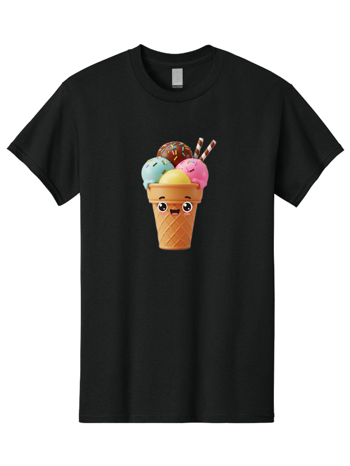 Ice-Cream-Cone Men'S Graphic Tee, 100% Cotton, Comfortable Casual Summer Wear, Machine Washable, Colorful Ice Cream, Four Scoops, Sprinkles, Cartoon Character, Happy Face, Ice Cream Cone, Sweet Treats, Dessert, Fun Food, Playful Dessert, Bac075