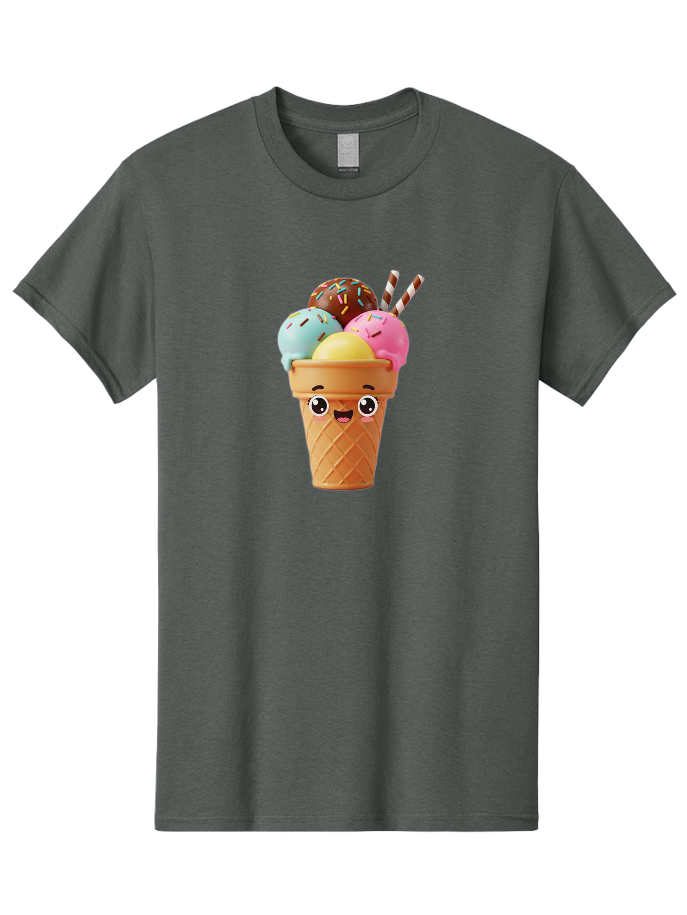 Ice-Cream-Cone Men'S Graphic Tee, 100% Cotton, Comfortable Casual Summer Wear, Machine Washable, Colorful Ice Cream, Four Scoops, Sprinkles, Cartoon Character, Happy Face, Ice Cream Cone, Sweet Treats, Dessert, Fun Food, Playful Dessert, Bac075