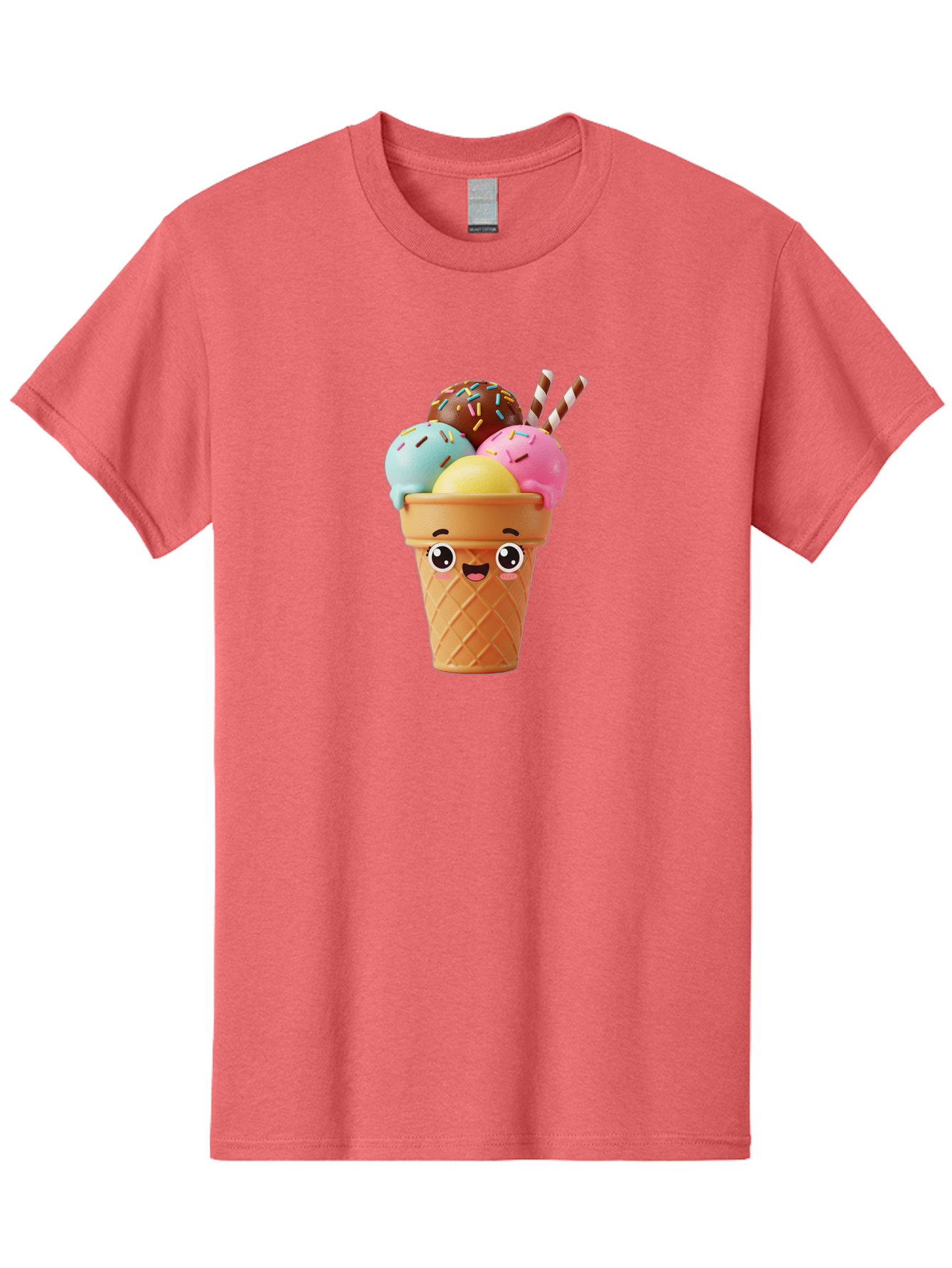 Ice-Cream-Cone Men'S Graphic Tee, 100% Cotton, Comfortable Casual Summer Wear, Machine Washable, Colorful Ice Cream, Four Scoops, Sprinkles, Cartoon Character, Happy Face, Ice Cream Cone, Sweet Treats, Dessert, Fun Food, Playful Dessert, Bac075