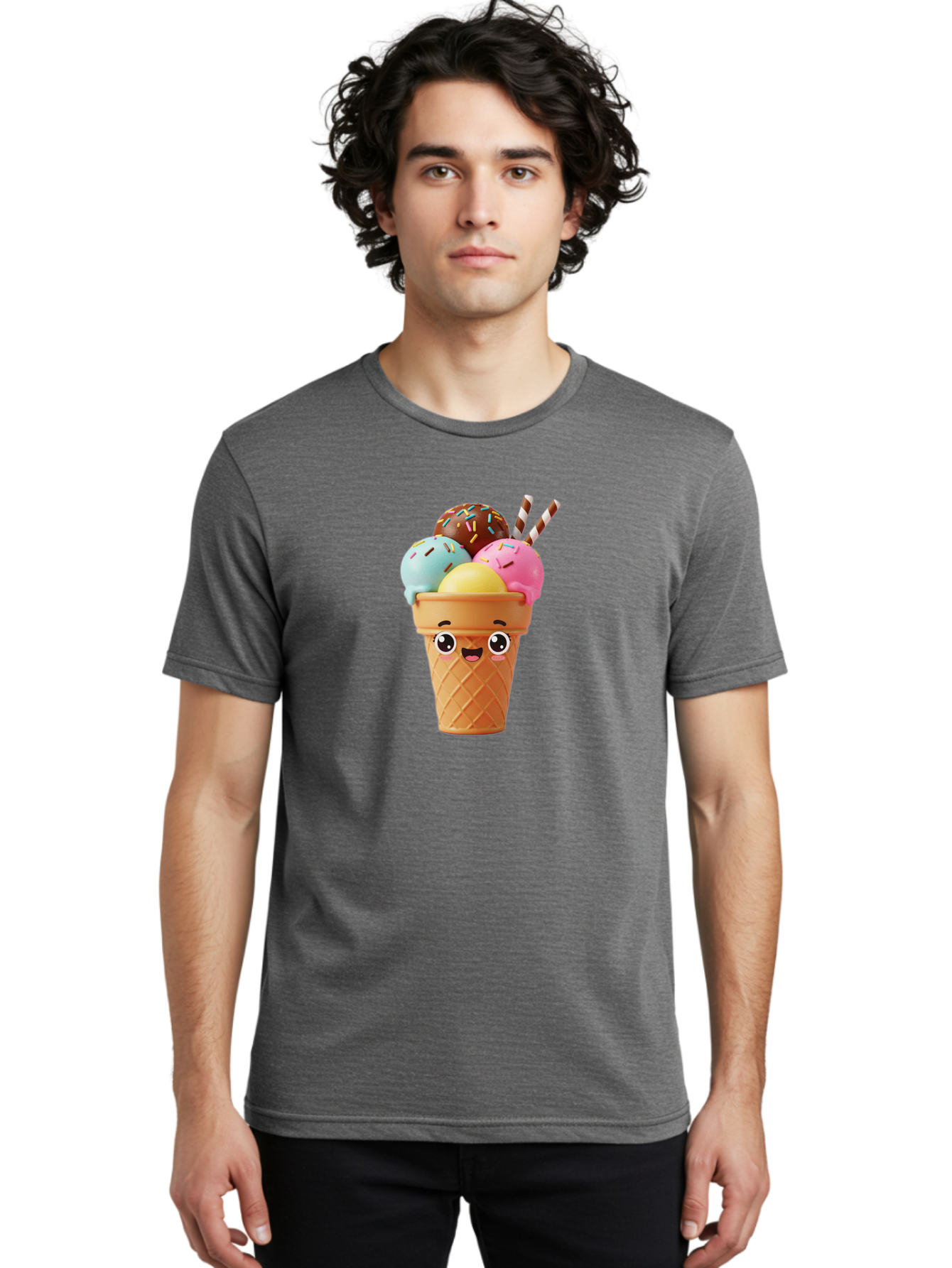 Ice-Cream-Cone Men'S Graphic Tee, 100% Cotton, Comfortable Casual Summer Wear, Machine Washable, Colorful Ice Cream, Four Scoops, Sprinkles, Cartoon Character, Happy Face, Ice Cream Cone, Sweet Treats, Dessert, Fun Food, Playful Dessert, Bac075