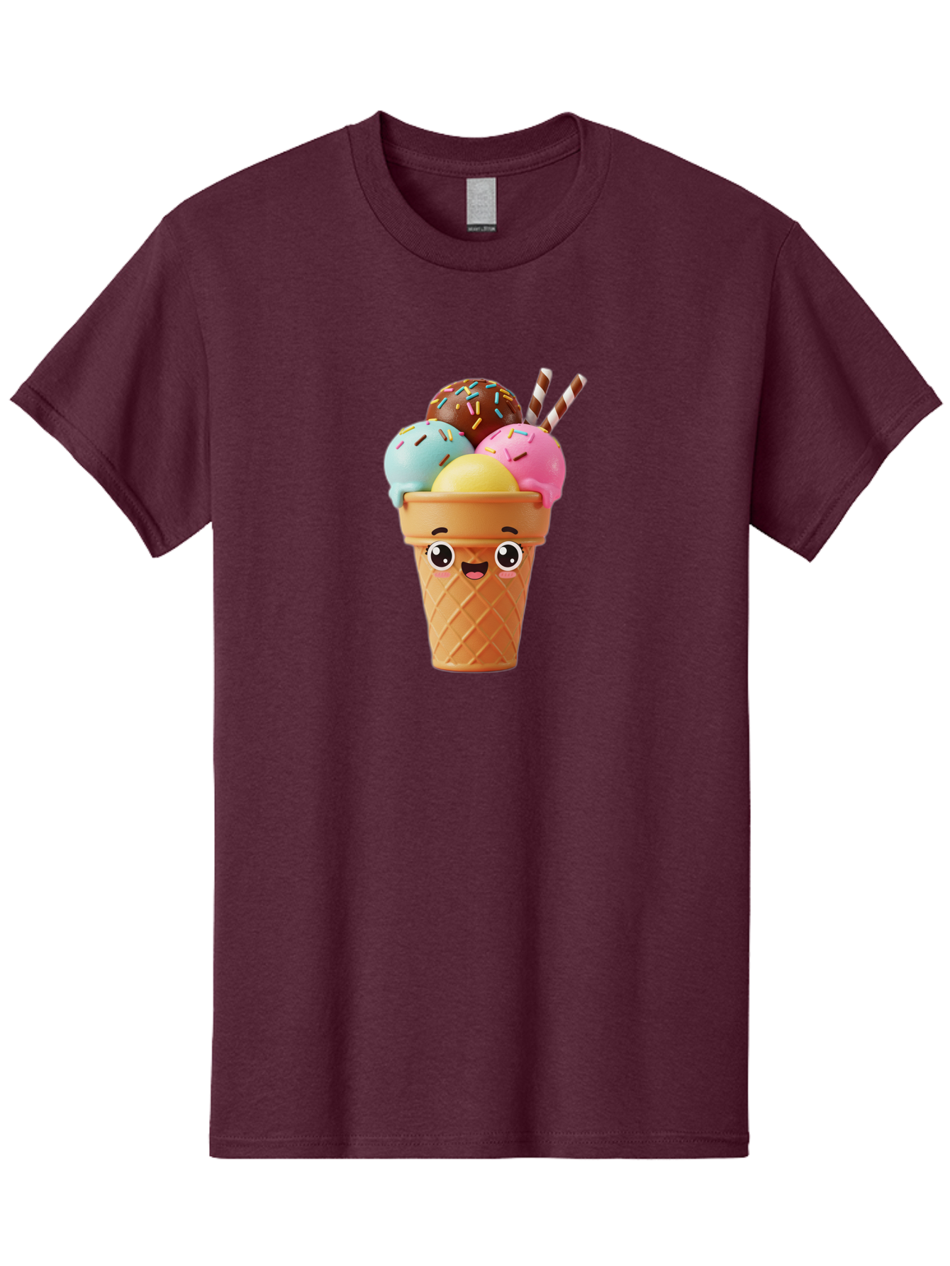 Ice-Cream-Cone Men'S Graphic Tee, 100% Cotton, Comfortable Casual Summer Wear, Machine Washable, Colorful Ice Cream, Four Scoops, Sprinkles, Cartoon Character, Happy Face, Ice Cream Cone, Sweet Treats, Dessert, Fun Food, Playful Dessert, Bac075