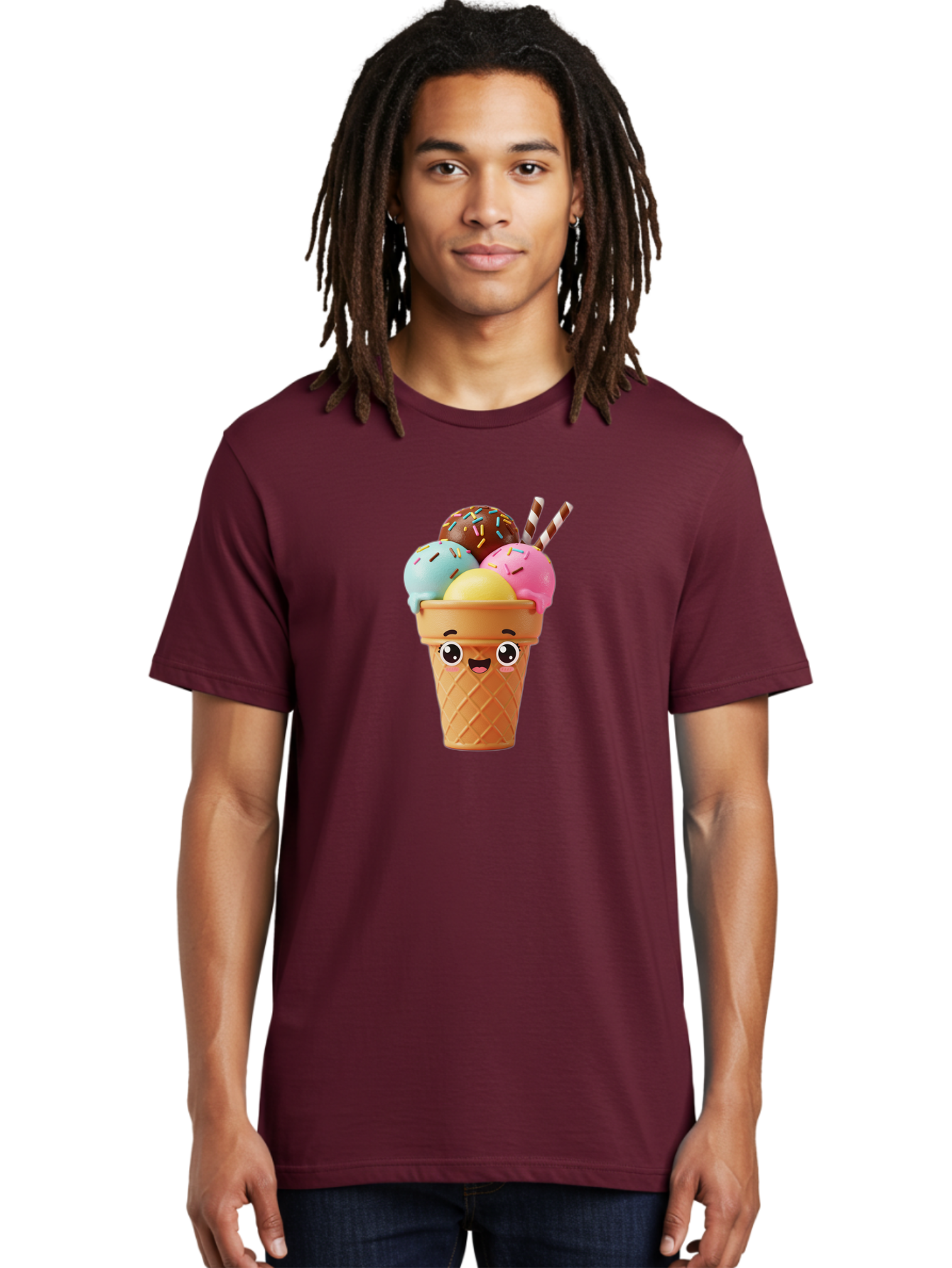 Ice-Cream-Cone Men'S Graphic Tee, 100% Cotton, Comfortable Casual Summer Wear, Machine Washable, Colorful Ice Cream, Four Scoops, Sprinkles, Cartoon Character, Happy Face, Ice Cream Cone, Sweet Treats, Dessert, Fun Food, Playful Dessert, Bac075