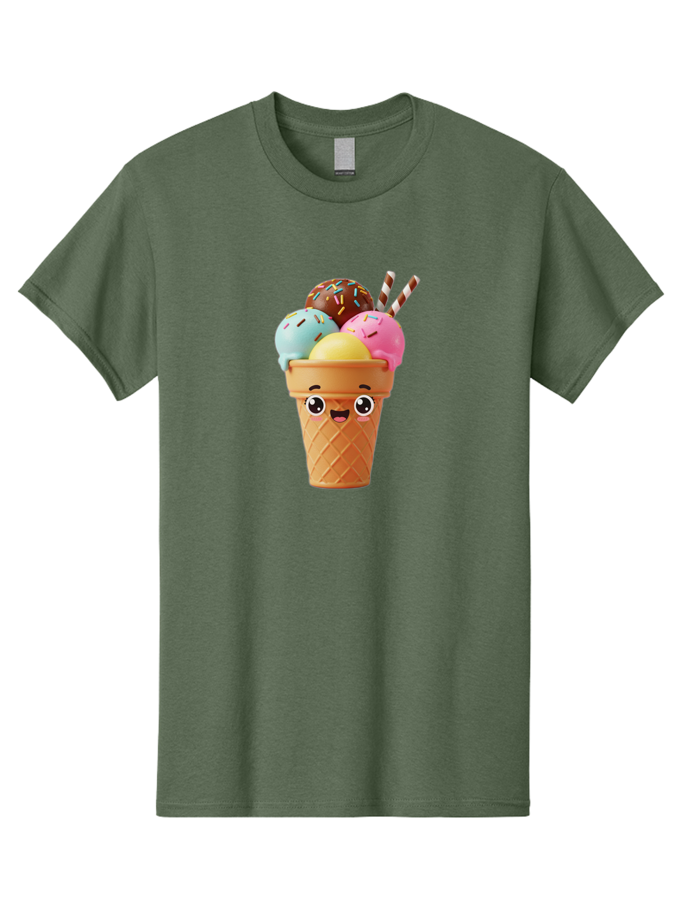 Ice-Cream-Cone Men'S Graphic Tee, 100% Cotton, Comfortable Casual Summer Wear, Machine Washable, Colorful Ice Cream, Four Scoops, Sprinkles, Cartoon Character, Happy Face, Ice Cream Cone, Sweet Treats, Dessert, Fun Food, Playful Dessert, Bac075