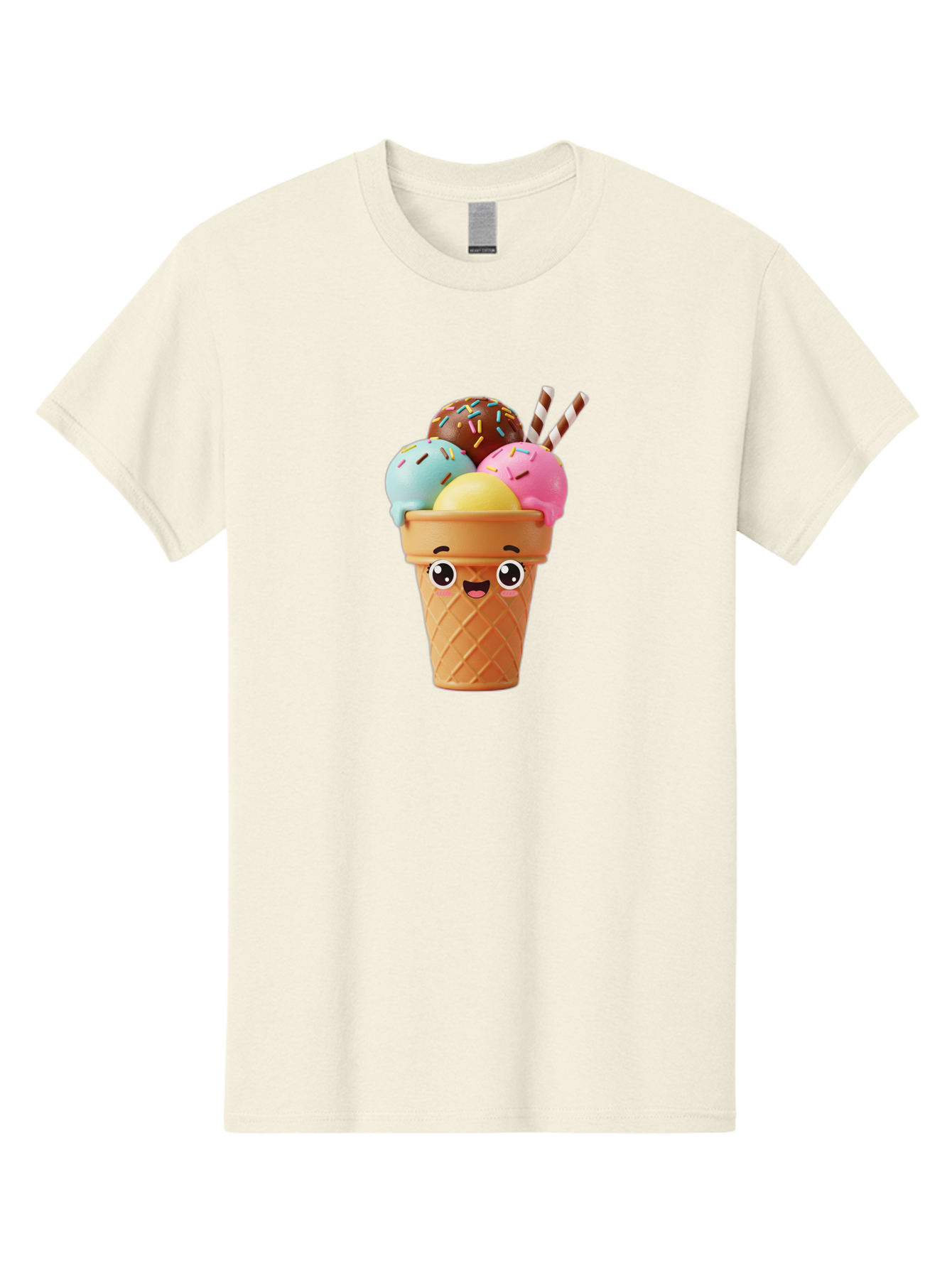 Ice-Cream-Cone Men'S Graphic Tee, 100% Cotton, Comfortable Casual Summer Wear, Machine Washable, Colorful Ice Cream, Four Scoops, Sprinkles, Cartoon Character, Happy Face, Ice Cream Cone, Sweet Treats, Dessert, Fun Food, Playful Dessert, Bac075