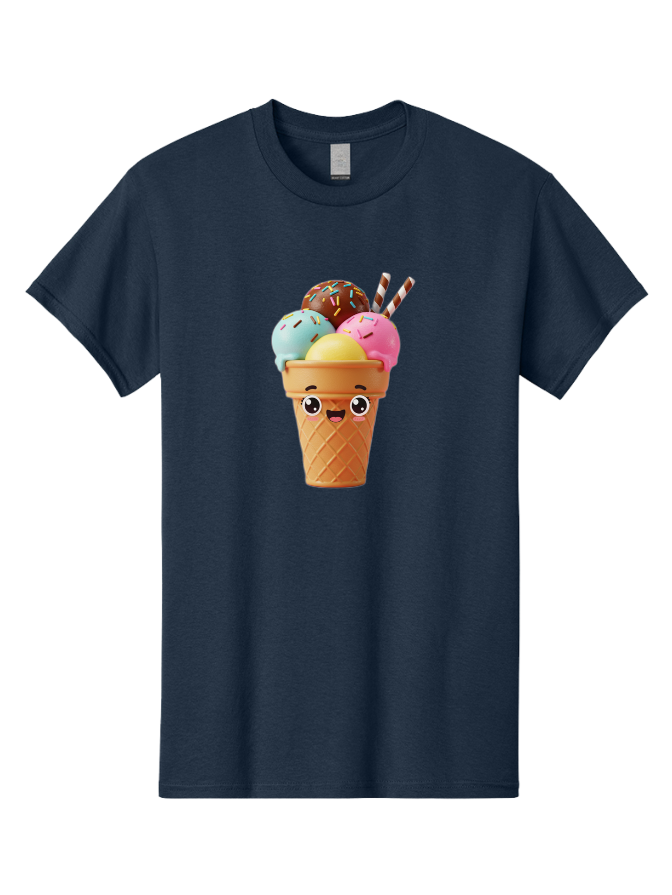 Ice-Cream-Cone Men'S Graphic Tee, 100% Cotton, Comfortable Casual Summer Wear, Machine Washable, Colorful Ice Cream, Four Scoops, Sprinkles, Cartoon Character, Happy Face, Ice Cream Cone, Sweet Treats, Dessert, Fun Food, Playful Dessert, Bac075