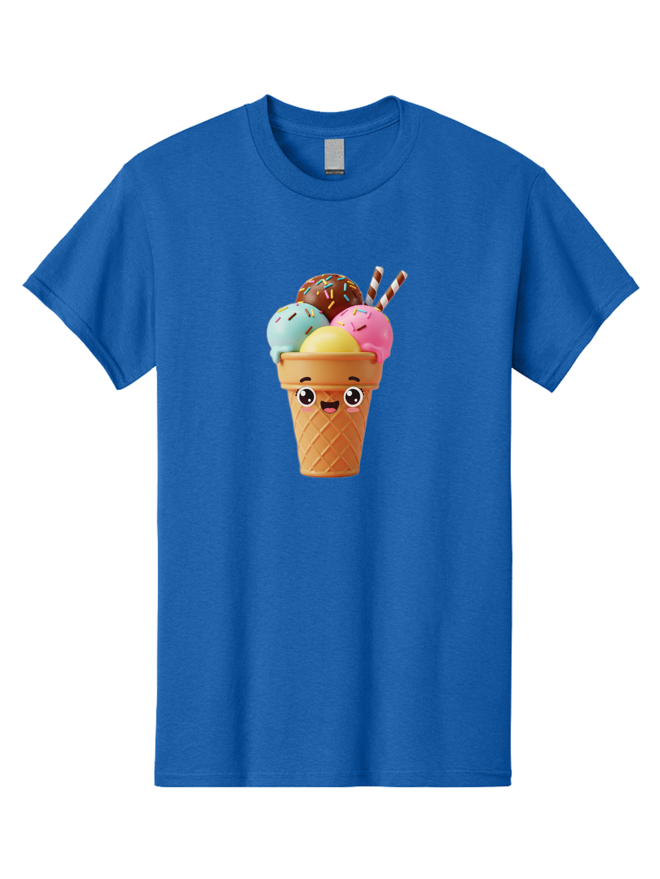 Ice-Cream-Cone Men'S Graphic Tee, 100% Cotton, Comfortable Casual Summer Wear, Machine Washable, Colorful Ice Cream, Four Scoops, Sprinkles, Cartoon Character, Happy Face, Ice Cream Cone, Sweet Treats, Dessert, Fun Food, Playful Dessert, Bac075