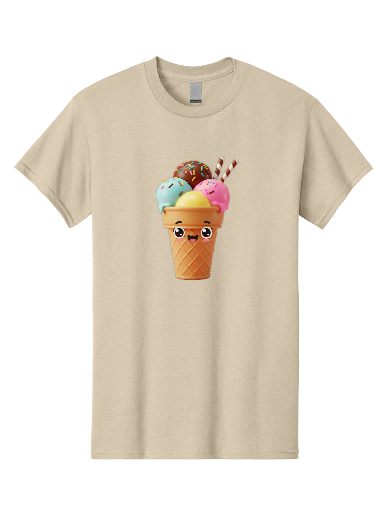 Ice-Cream-Cone Men'S Graphic Tee, 100% Cotton, Comfortable Casual Summer Wear, Machine Washable, Colorful Ice Cream, Four Scoops, Sprinkles, Cartoon Character, Happy Face, Ice Cream Cone, Sweet Treats, Dessert, Fun Food, Playful Dessert, Bac075