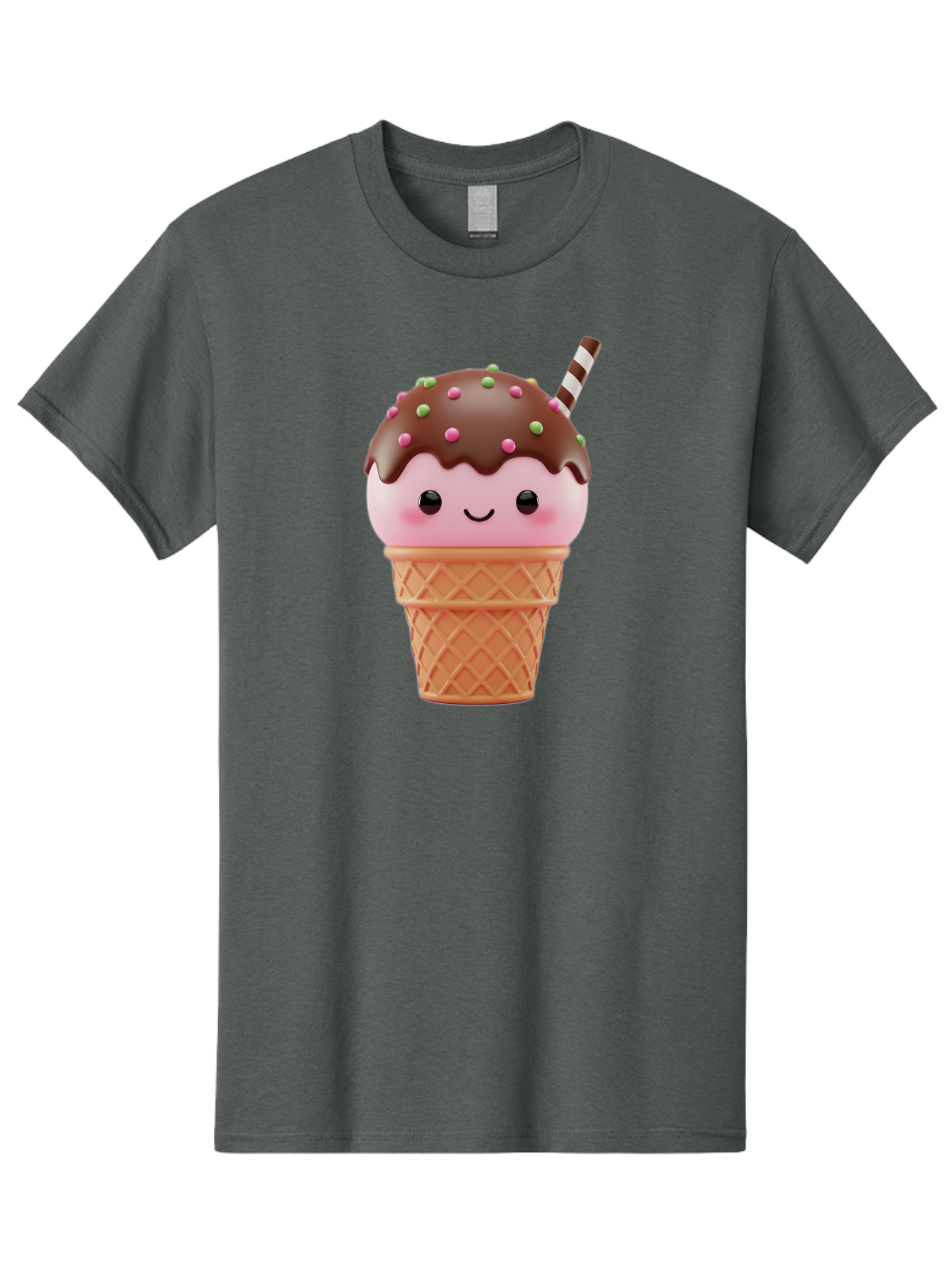 Ice-Cream Men'S Graphic Tee, 100% Cotton, Comfortable Casual Summer Wear, Machine Washable, Pink Ice Cream, Chocolate Sauce, Sprinkles, Ice Cream Cone, Waffle Cone, Dessert, Sweet Treat, Cartoon Character, Kawaii, Cute Illustration, Bac076