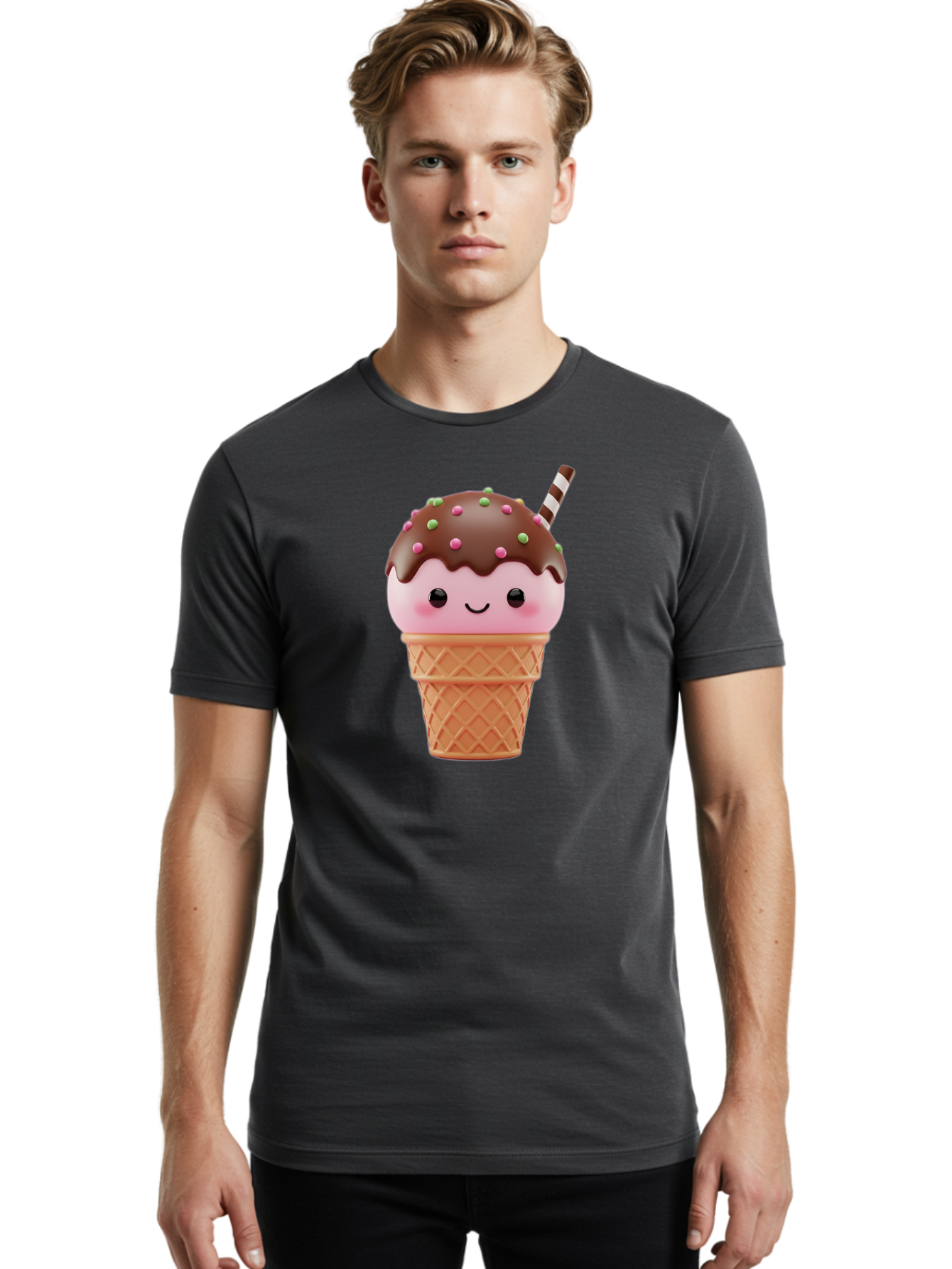 Ice-Cream Men'S Graphic Tee, 100% Cotton, Comfortable Casual Summer Wear, Machine Washable, Pink Ice Cream, Chocolate Sauce, Sprinkles, Ice Cream Cone, Waffle Cone, Dessert, Sweet Treat, Cartoon Character, Kawaii, Cute Illustration, Bac076
