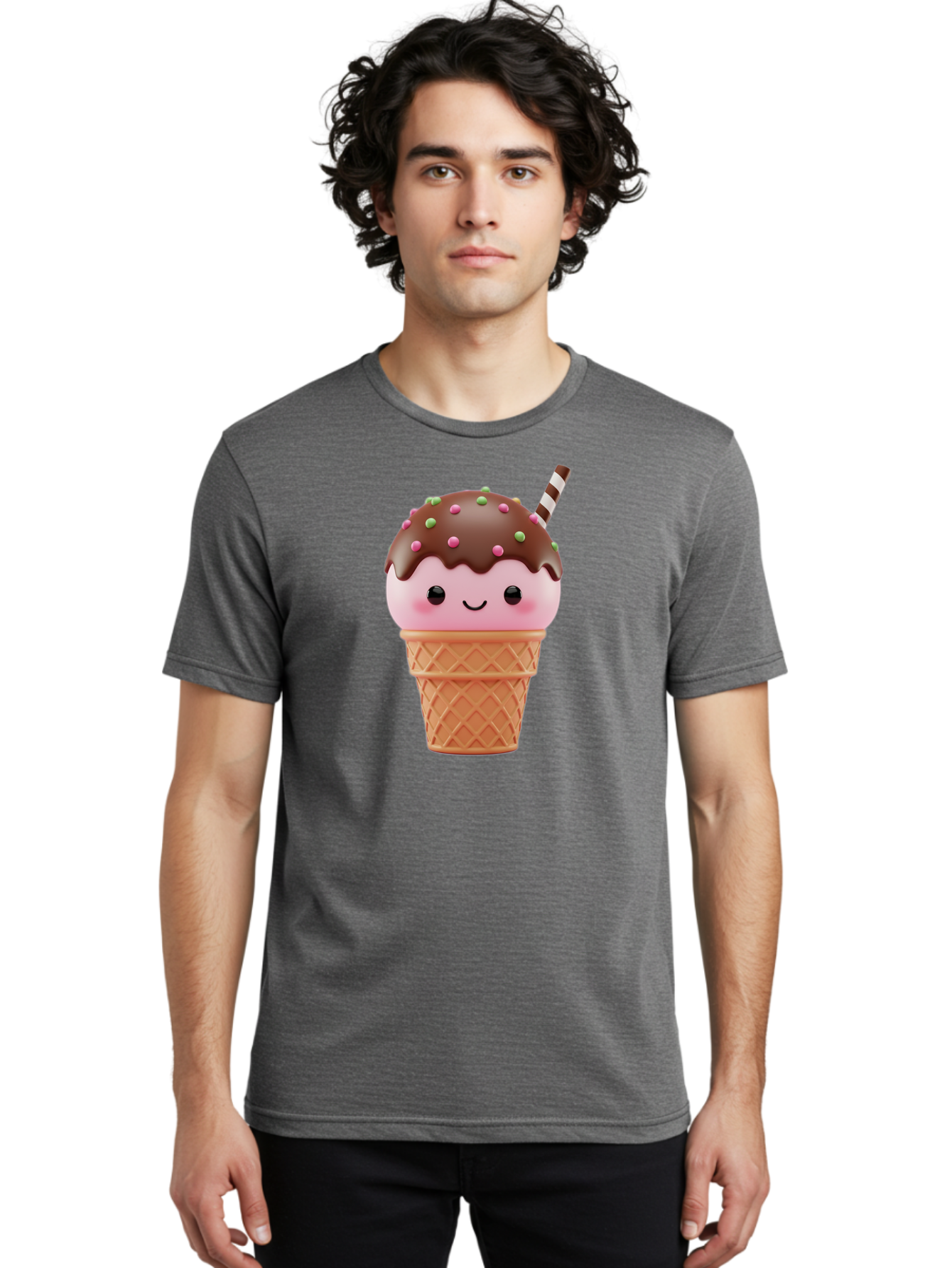 Ice-Cream Men'S Graphic Tee, 100% Cotton, Comfortable Casual Summer Wear, Machine Washable, Pink Ice Cream, Chocolate Sauce, Sprinkles, Ice Cream Cone, Waffle Cone, Dessert, Sweet Treat, Cartoon Character, Kawaii, Cute Illustration, Bac076