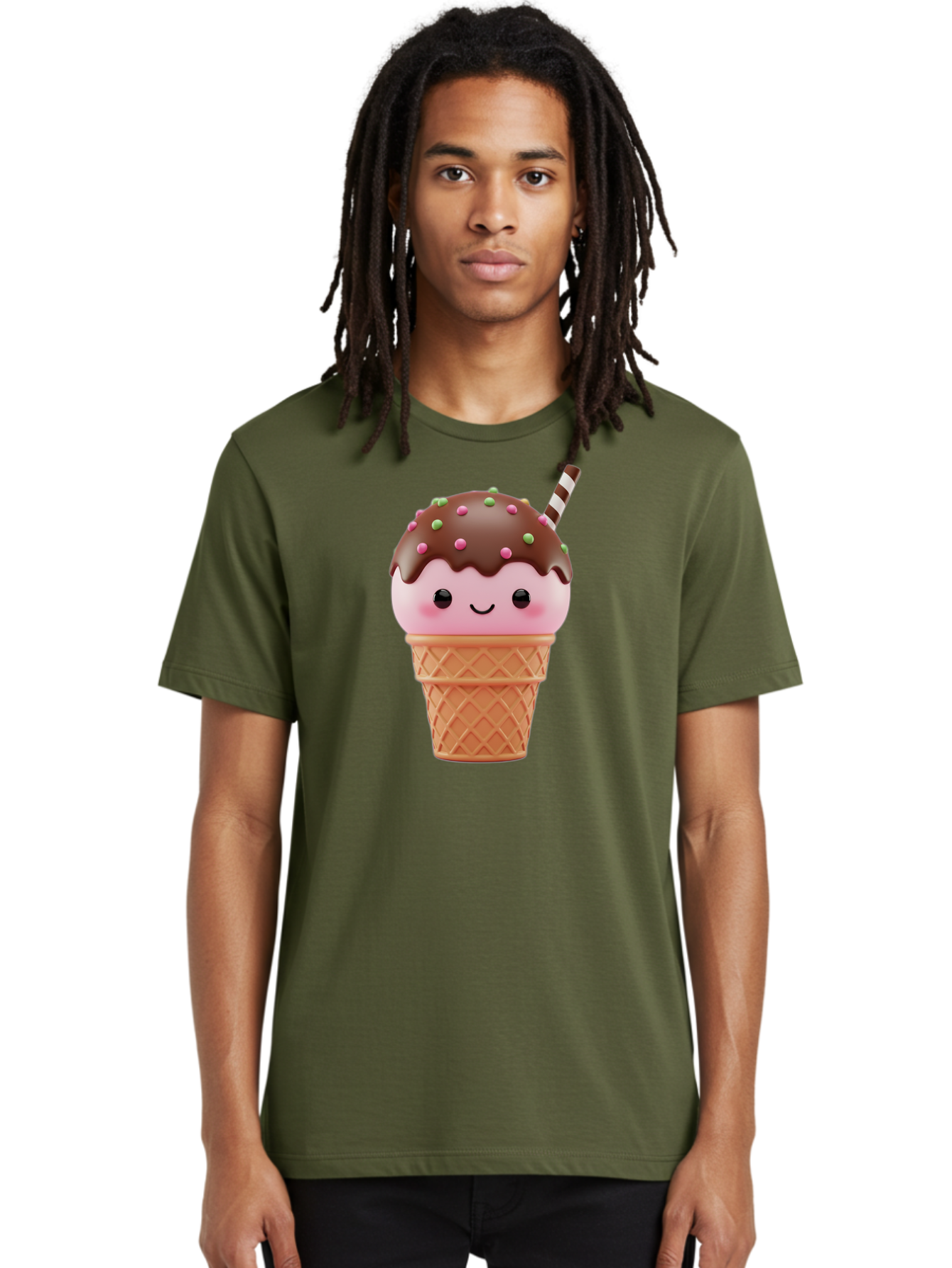 Ice-Cream Men'S Graphic Tee, 100% Cotton, Comfortable Casual Summer Wear, Machine Washable, Pink Ice Cream, Chocolate Sauce, Sprinkles, Ice Cream Cone, Waffle Cone, Dessert, Sweet Treat, Cartoon Character, Kawaii, Cute Illustration, Bac076