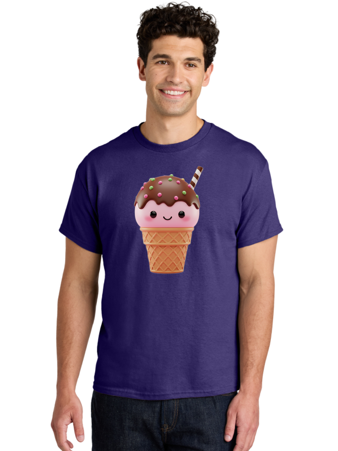 Ice-Cream Men'S Graphic Tee, 100% Cotton, Comfortable Casual Summer Wear, Machine Washable, Pink Ice Cream, Chocolate Sauce, Sprinkles, Ice Cream Cone, Waffle Cone, Dessert, Sweet Treat, Cartoon Character, Kawaii, Cute Illustration, Bac076