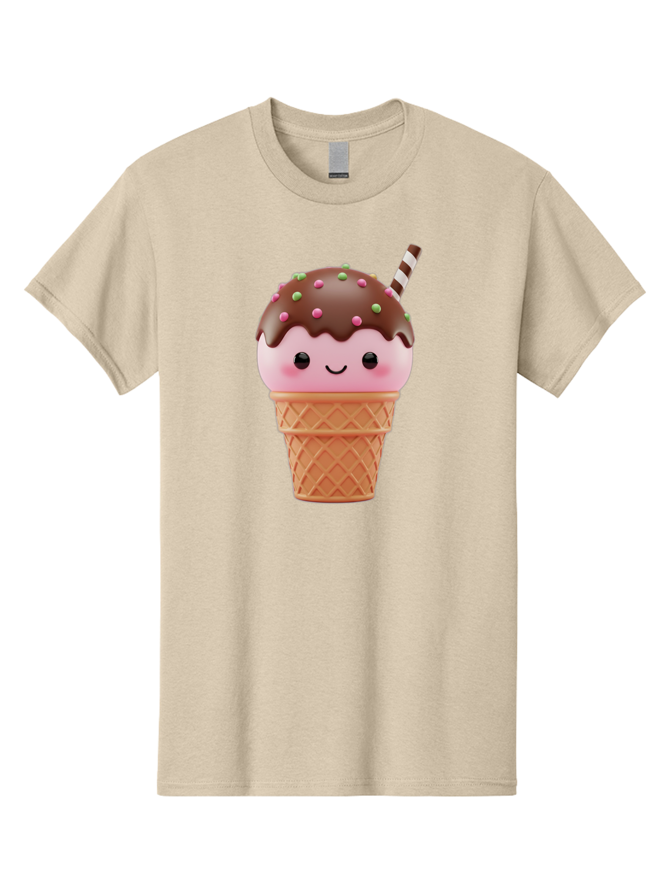 Ice-Cream Men'S Graphic Tee, 100% Cotton, Comfortable Casual Summer Wear, Machine Washable, Pink Ice Cream, Chocolate Sauce, Sprinkles, Ice Cream Cone, Waffle Cone, Dessert, Sweet Treat, Cartoon Character, Kawaii, Cute Illustration, Bac076