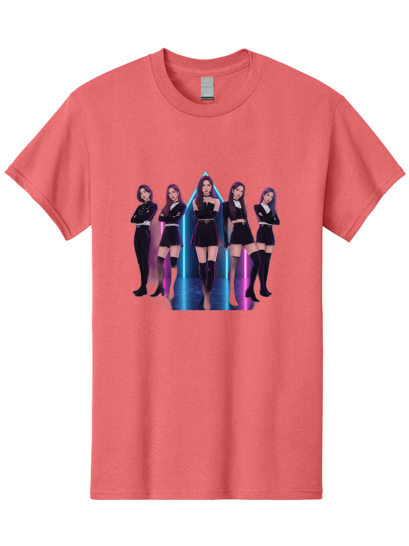 Itzy-Group-Shot Men'S Graphic Tee, 100% Cotton, Comfortable Casual Summer Wear, Machine Washable, K-Pop Group Itzy, Five Members Standing Together, Black Outfits, Futuristic Style, Neon Lights, Edgy Fashion, Modern Music, Group Pose, Bac077