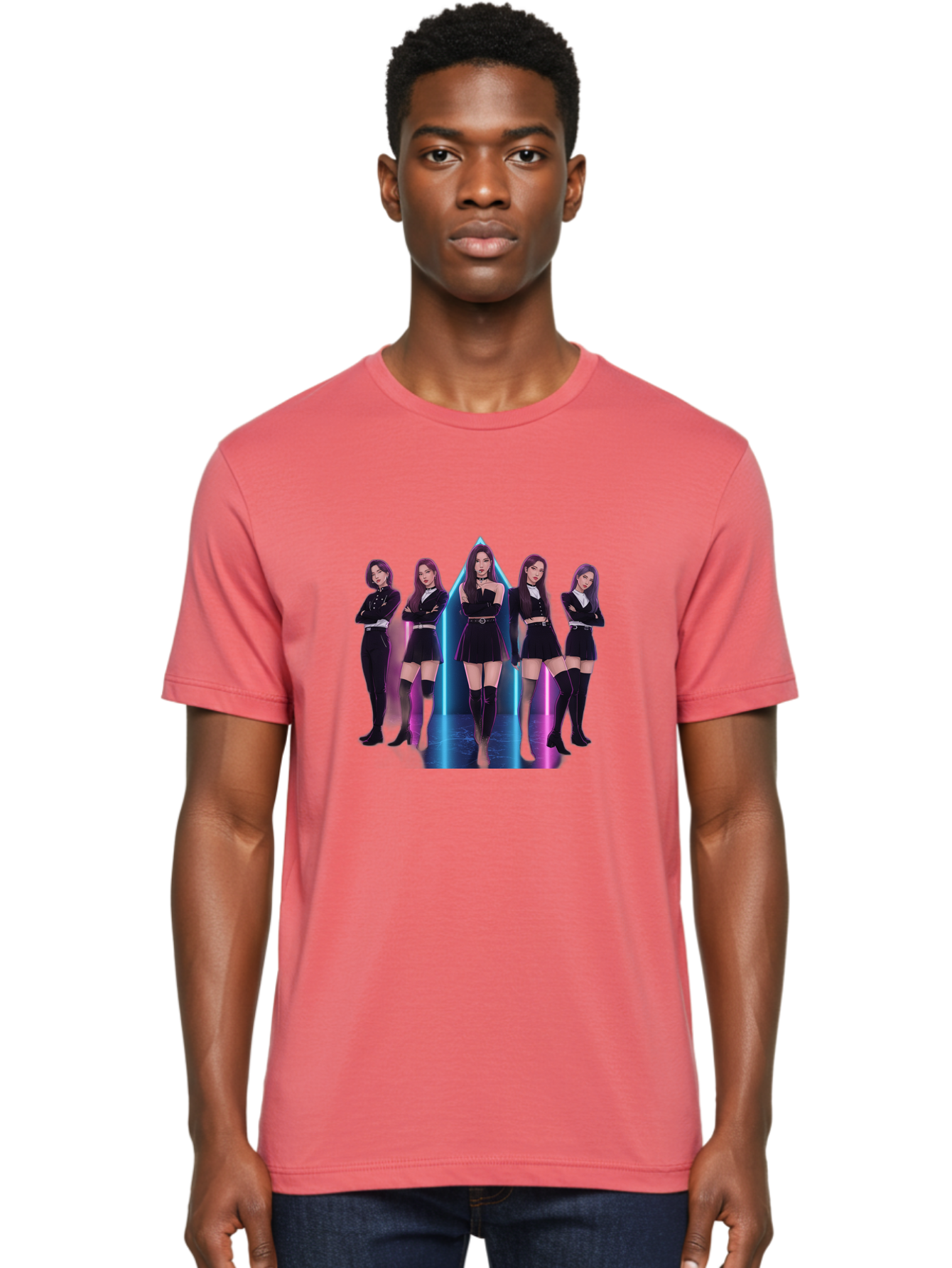 Itzy-Group-Shot Men'S Graphic Tee, 100% Cotton, Comfortable Casual Summer Wear, Machine Washable, K-Pop Group Itzy, Five Members Standing Together, Black Outfits, Futuristic Style, Neon Lights, Edgy Fashion, Modern Music, Group Pose, Bac077