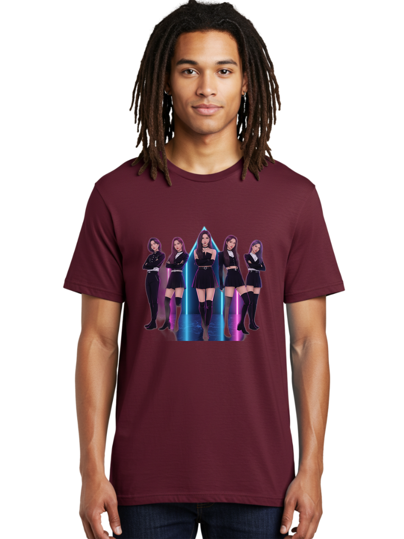 Itzy-Group-Shot Men'S Graphic Tee, 100% Cotton, Comfortable Casual Summer Wear, Machine Washable, K-Pop Group Itzy, Five Members Standing Together, Black Outfits, Futuristic Style, Neon Lights, Edgy Fashion, Modern Music, Group Pose, Bac077