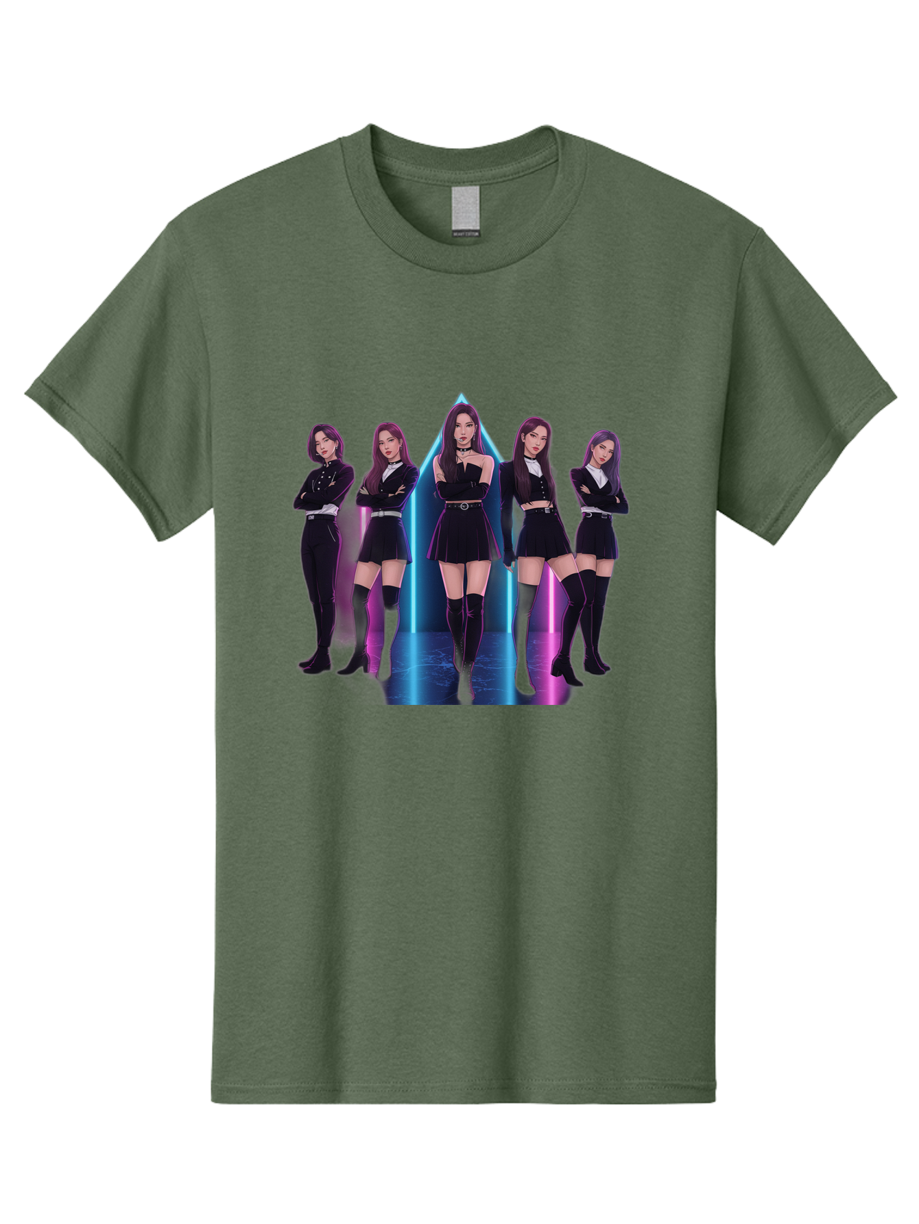 Itzy-Group-Shot Men'S Graphic Tee, 100% Cotton, Comfortable Casual Summer Wear, Machine Washable, K-Pop Group Itzy, Five Members Standing Together, Black Outfits, Futuristic Style, Neon Lights, Edgy Fashion, Modern Music, Group Pose, Bac077