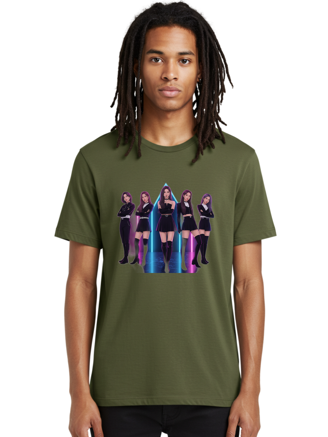 Itzy-Group-Shot Men'S Graphic Tee, 100% Cotton, Comfortable Casual Summer Wear, Machine Washable, K-Pop Group Itzy, Five Members Standing Together, Black Outfits, Futuristic Style, Neon Lights, Edgy Fashion, Modern Music, Group Pose, Bac077