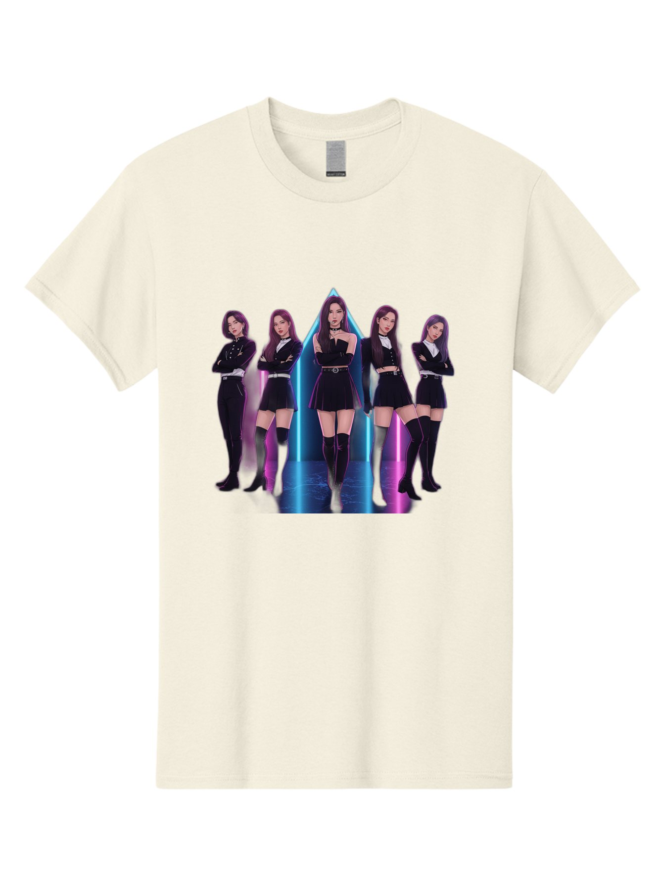 Itzy-Group-Shot Men'S Graphic Tee, 100% Cotton, Comfortable Casual Summer Wear, Machine Washable, K-Pop Group Itzy, Five Members Standing Together, Black Outfits, Futuristic Style, Neon Lights, Edgy Fashion, Modern Music, Group Pose, Bac077