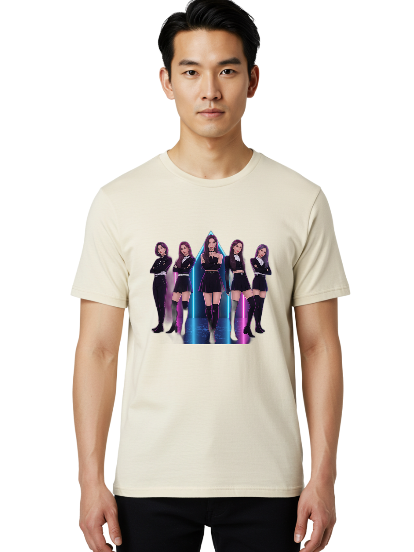 Itzy-Group-Shot Men'S Graphic Tee, 100% Cotton, Comfortable Casual Summer Wear, Machine Washable, K-Pop Group Itzy, Five Members Standing Together, Black Outfits, Futuristic Style, Neon Lights, Edgy Fashion, Modern Music, Group Pose, Bac077