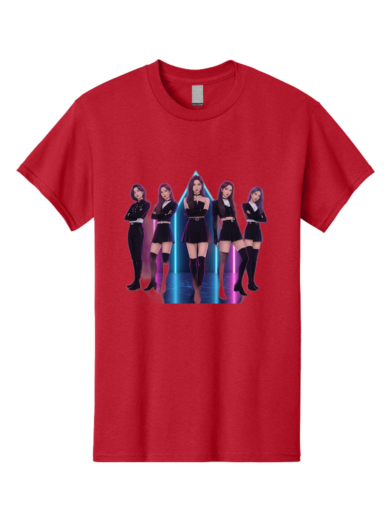 Itzy-Group-Shot Men'S Graphic Tee, 100% Cotton, Comfortable Casual Summer Wear, Machine Washable, K-Pop Group Itzy, Five Members Standing Together, Black Outfits, Futuristic Style, Neon Lights, Edgy Fashion, Modern Music, Group Pose, Bac077