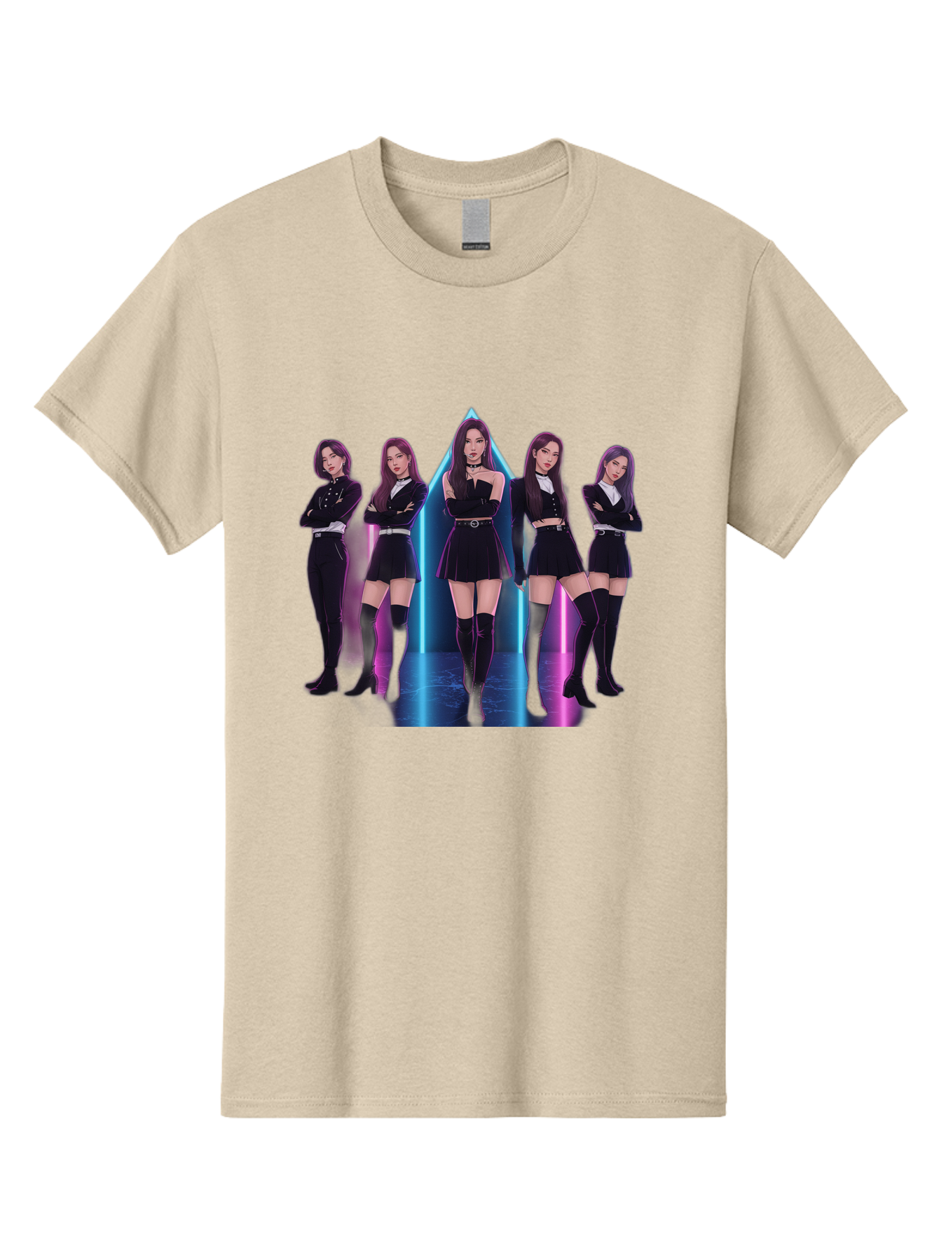 Itzy-Group-Shot Men'S Graphic Tee, 100% Cotton, Comfortable Casual Summer Wear, Machine Washable, K-Pop Group Itzy, Five Members Standing Together, Black Outfits, Futuristic Style, Neon Lights, Edgy Fashion, Modern Music, Group Pose, Bac077