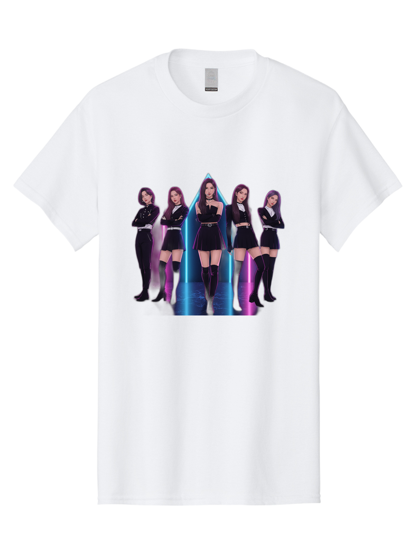 Itzy-Group-Shot Men'S Graphic Tee, 100% Cotton, Comfortable Casual Summer Wear, Machine Washable, K-Pop Group Itzy, Five Members Standing Together, Black Outfits, Futuristic Style, Neon Lights, Edgy Fashion, Modern Music, Group Pose, Bac077