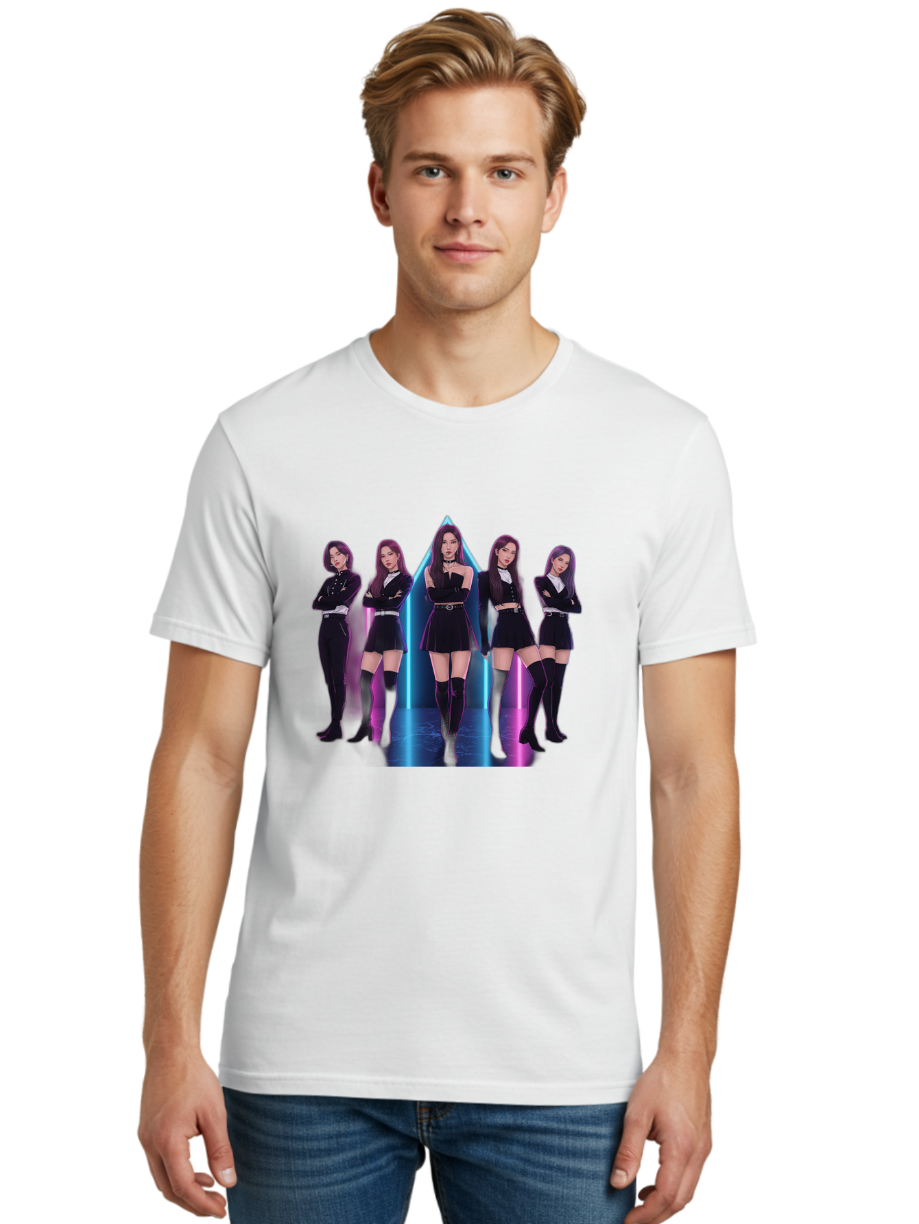 Itzy-Group-Shot Men'S Graphic Tee, 100% Cotton, Comfortable Casual Summer Wear, Machine Washable, K-Pop Group Itzy, Five Members Standing Together, Black Outfits, Futuristic Style, Neon Lights, Edgy Fashion, Modern Music, Group Pose, Bac077