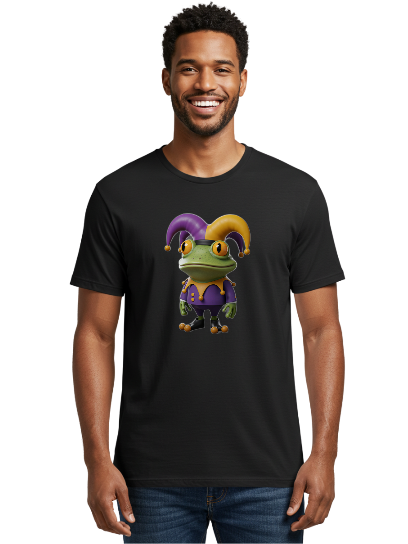 Jester-Frog Men'S Graphic Tee, 100% Cotton, Comfortable Casual Summer Wear, Machine Washable, Frog Character, Cartoon Style, Jester Costume, Purple And Yellow, 3D Rendering, Fantasy Creature, Comedic Design, Jester Hat, Froggy Illustration Bac078