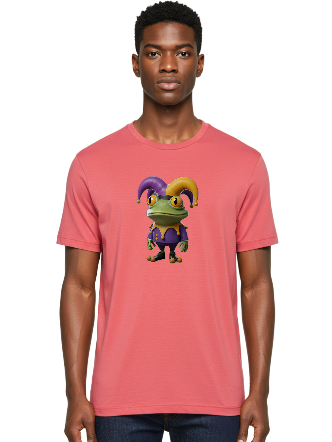 Jester-Frog Men'S Graphic Tee, 100% Cotton, Comfortable Casual Summer Wear, Machine Washable, Frog Character, Cartoon Style, Jester Costume, Purple And Yellow, 3D Rendering, Fantasy Creature, Comedic Design, Jester Hat, Froggy Illustration Bac078