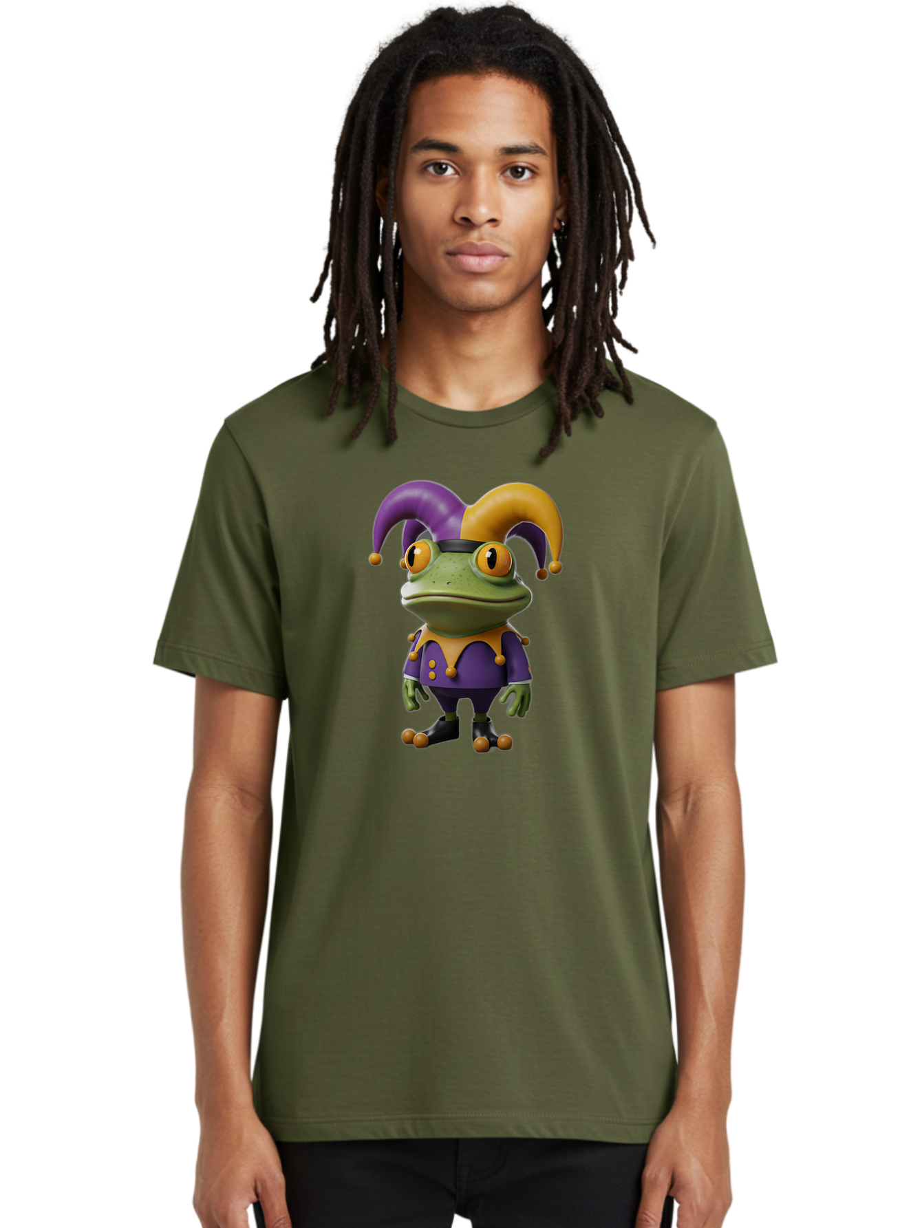 Jester-Frog Men'S Graphic Tee, 100% Cotton, Comfortable Casual Summer Wear, Machine Washable, Frog Character, Cartoon Style, Jester Costume, Purple And Yellow, 3D Rendering, Fantasy Creature, Comedic Design, Jester Hat, Froggy Illustration Bac078