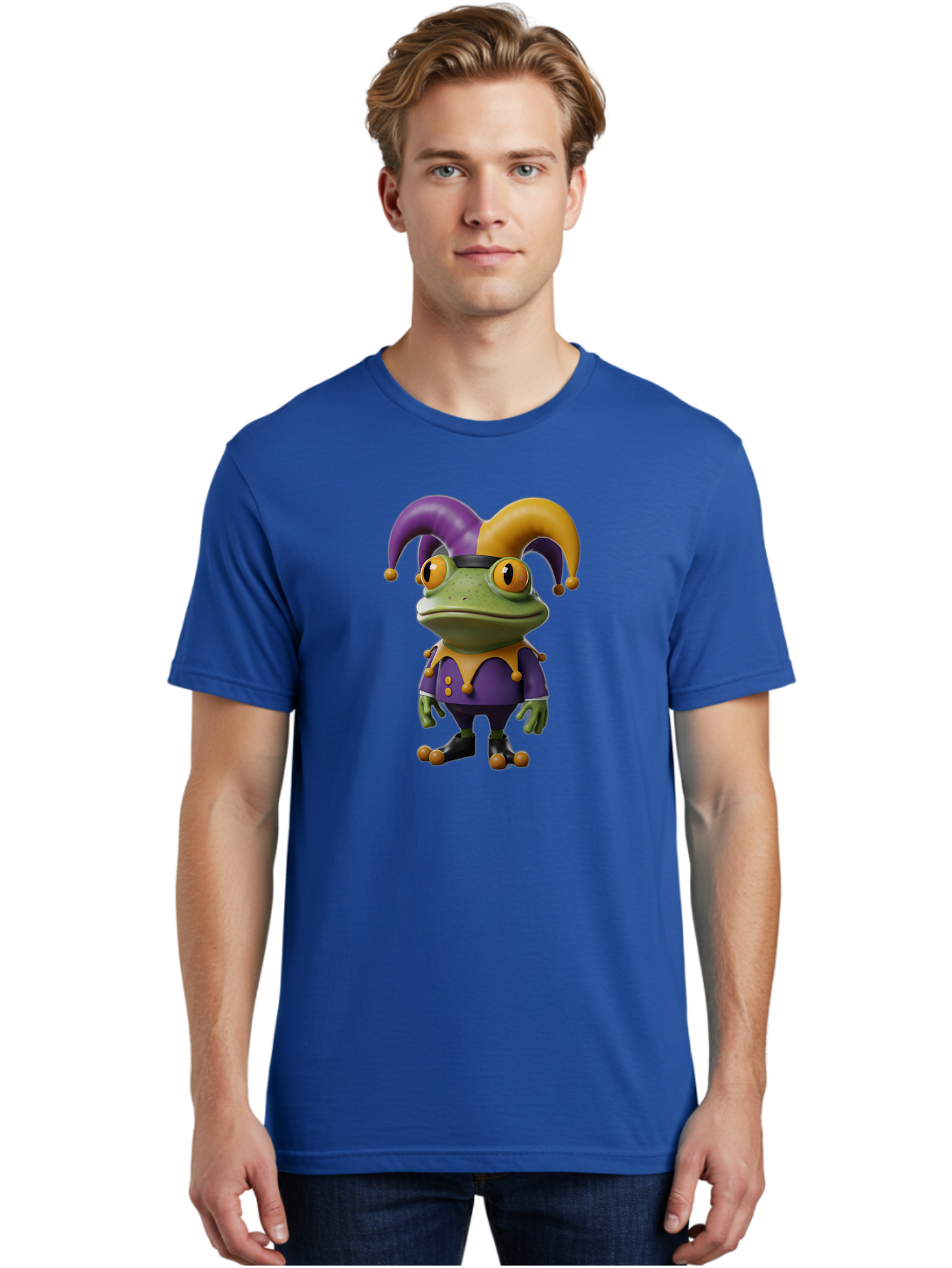 Jester-Frog Men'S Graphic Tee, 100% Cotton, Comfortable Casual Summer Wear, Machine Washable, Frog Character, Cartoon Style, Jester Costume, Purple And Yellow, 3D Rendering, Fantasy Creature, Comedic Design, Jester Hat, Froggy Illustration Bac078