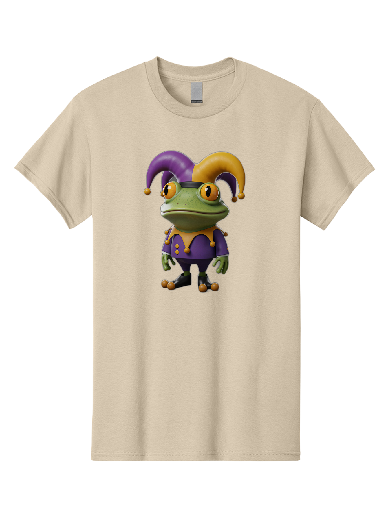 Jester-Frog Men'S Graphic Tee, 100% Cotton, Comfortable Casual Summer Wear, Machine Washable, Frog Character, Cartoon Style, Jester Costume, Purple And Yellow, 3D Rendering, Fantasy Creature, Comedic Design, Jester Hat, Froggy Illustration Bac078