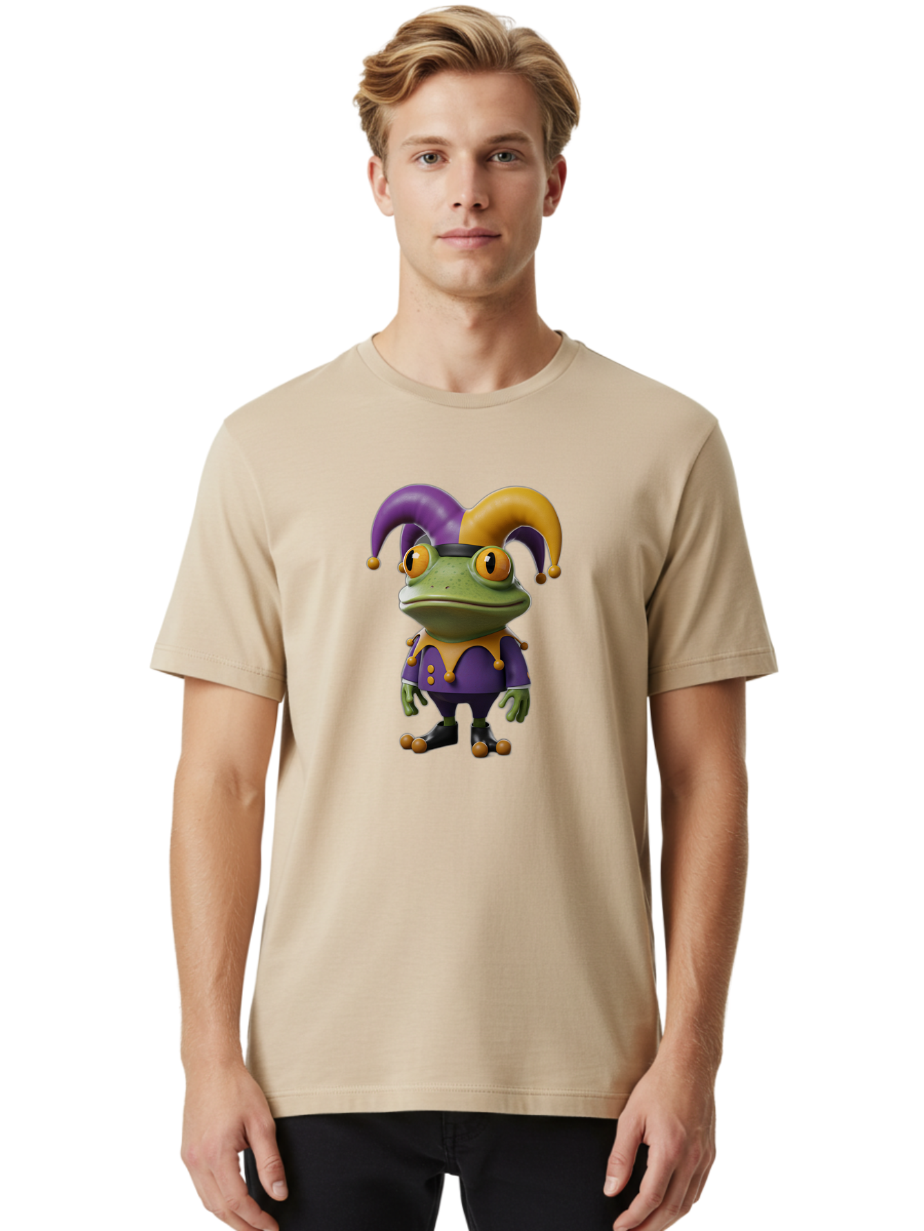 Jester-Frog Men'S Graphic Tee, 100% Cotton, Comfortable Casual Summer Wear, Machine Washable, Frog Character, Cartoon Style, Jester Costume, Purple And Yellow, 3D Rendering, Fantasy Creature, Comedic Design, Jester Hat, Froggy Illustration Bac078