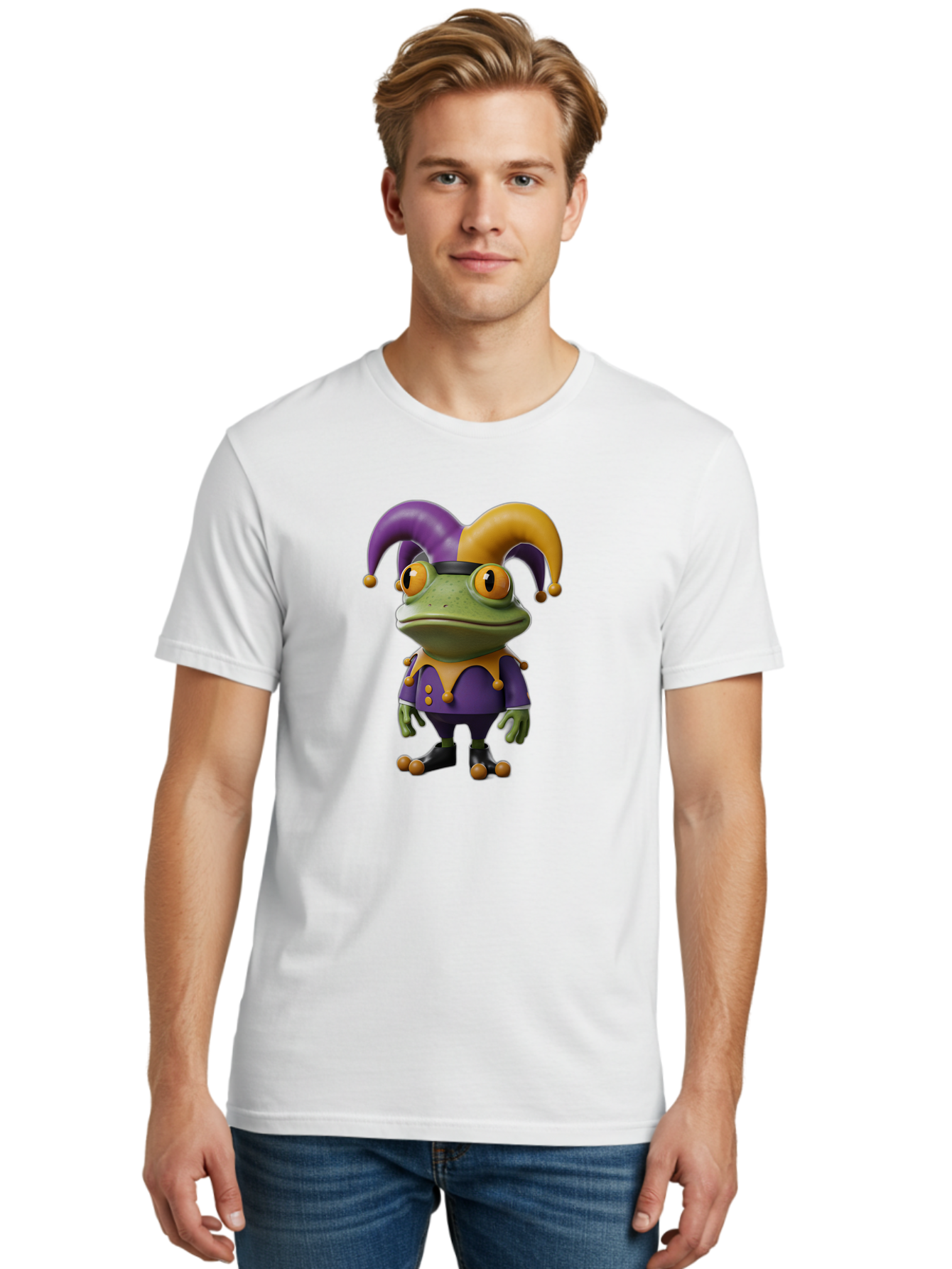 Jester-Frog Men'S Graphic Tee, 100% Cotton, Comfortable Casual Summer Wear, Machine Washable, Frog Character, Cartoon Style, Jester Costume, Purple And Yellow, 3D Rendering, Fantasy Creature, Comedic Design, Jester Hat, Froggy Illustration Bac078