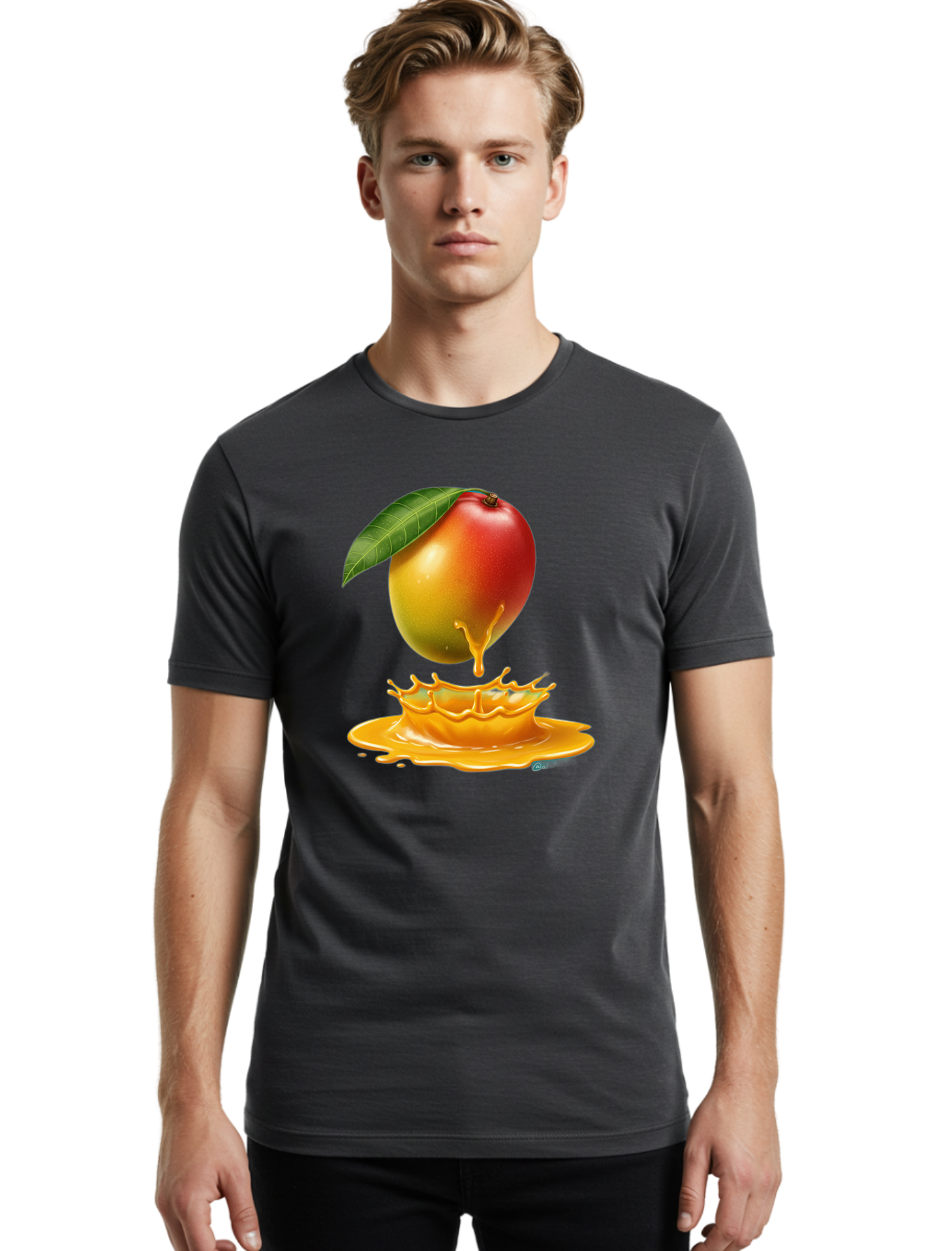 Juicy-Mango Men'S Graphic Tee, 100% Cotton, Comfortable Casual Summer Wear, Machine Washable, Juicy Mango, Mango Juice Splash, Fresh Fruit, Vibrant Colors, Ripe Mango, Mango Pulp, Splash Effect, Sweet And Tangy Bac079