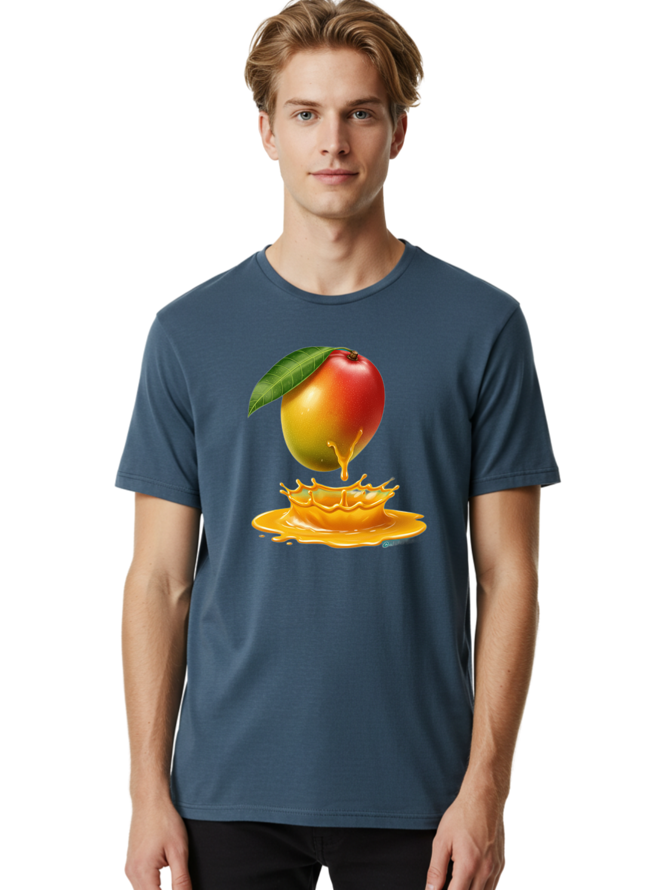 Juicy-Mango Men'S Graphic Tee, 100% Cotton, Comfortable Casual Summer Wear, Machine Washable, Juicy Mango, Mango Juice Splash, Fresh Fruit, Vibrant Colors, Ripe Mango, Mango Pulp, Splash Effect, Sweet And Tangy Bac079