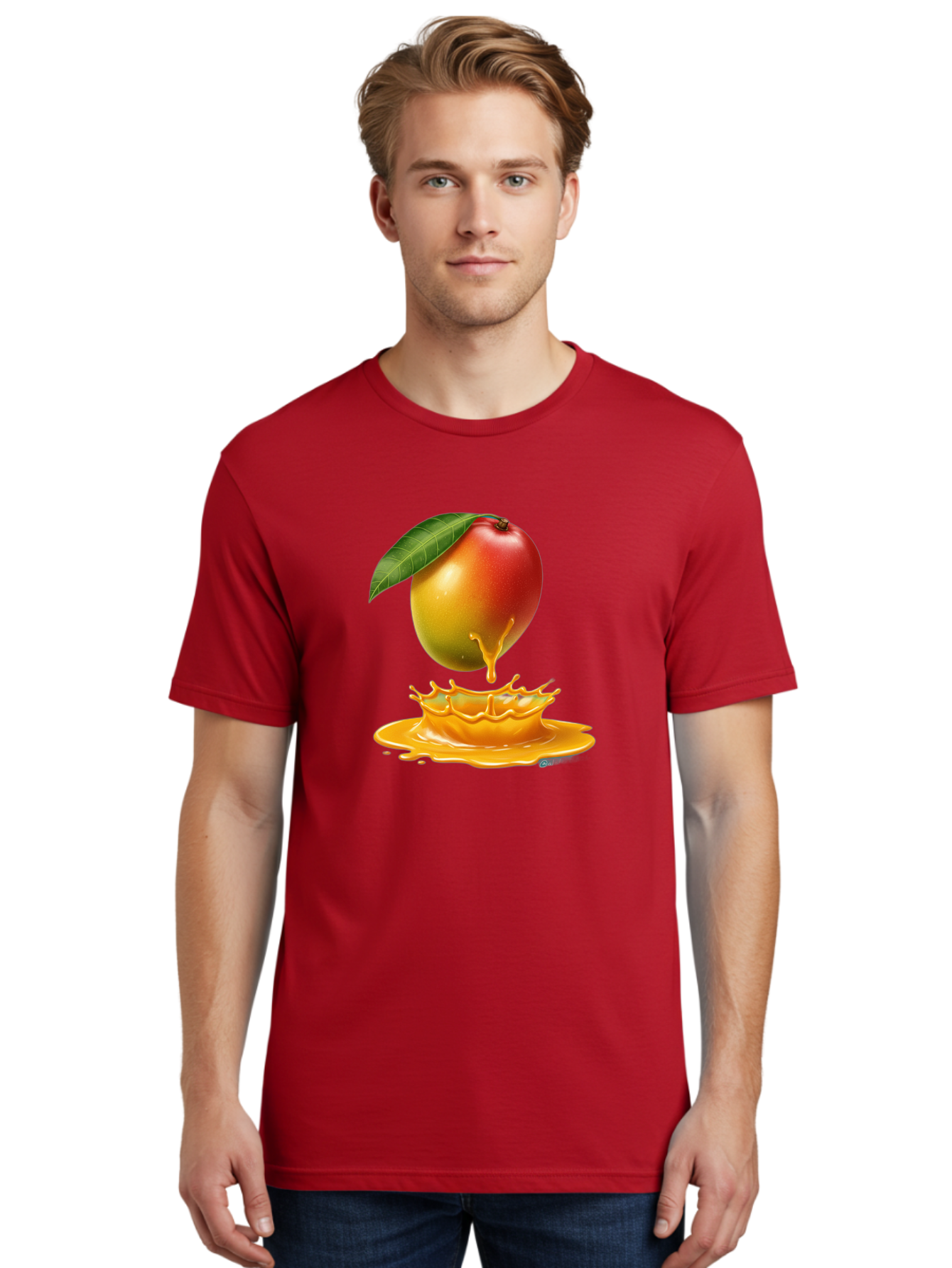 Juicy-Mango Men'S Graphic Tee, 100% Cotton, Comfortable Casual Summer Wear, Machine Washable, Juicy Mango, Mango Juice Splash, Fresh Fruit, Vibrant Colors, Ripe Mango, Mango Pulp, Splash Effect, Sweet And Tangy Bac079