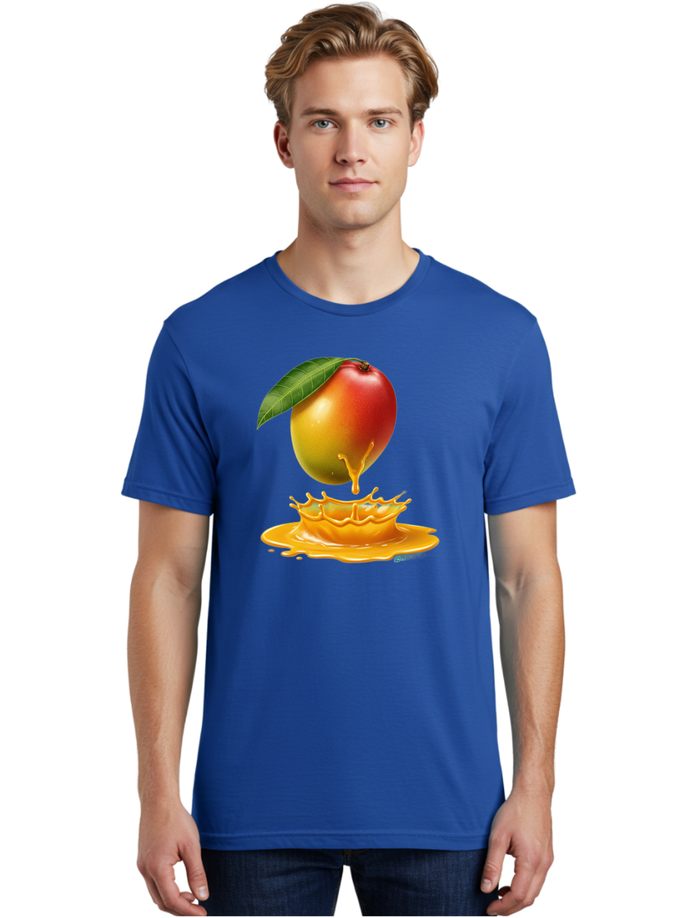 Juicy-Mango Men'S Graphic Tee, 100% Cotton, Comfortable Casual Summer Wear, Machine Washable, Juicy Mango, Mango Juice Splash, Fresh Fruit, Vibrant Colors, Ripe Mango, Mango Pulp, Splash Effect, Sweet And Tangy Bac079