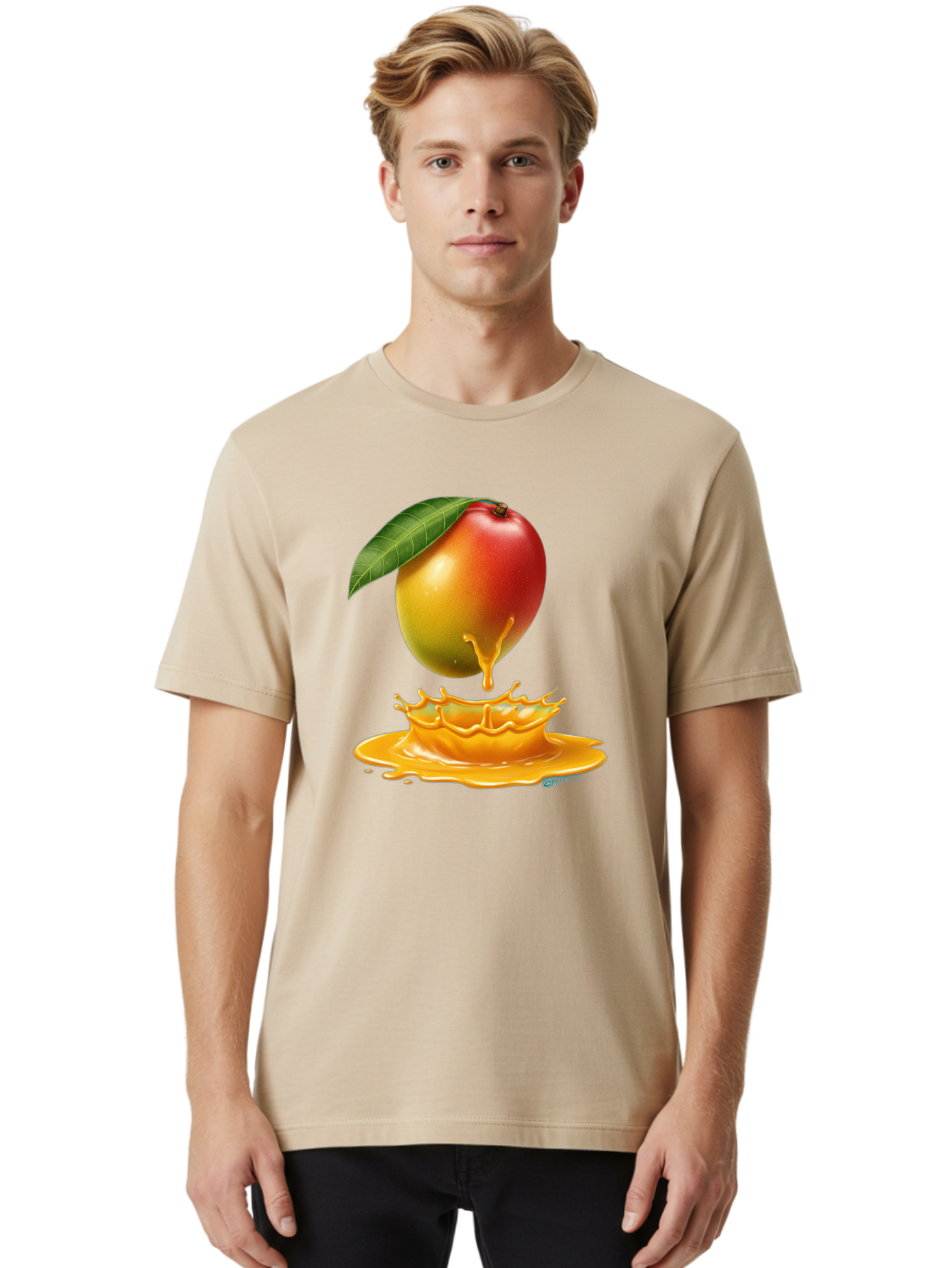 Juicy-Mango Men'S Graphic Tee, 100% Cotton, Comfortable Casual Summer Wear, Machine Washable, Juicy Mango, Mango Juice Splash, Fresh Fruit, Vibrant Colors, Ripe Mango, Mango Pulp, Splash Effect, Sweet And Tangy Bac079