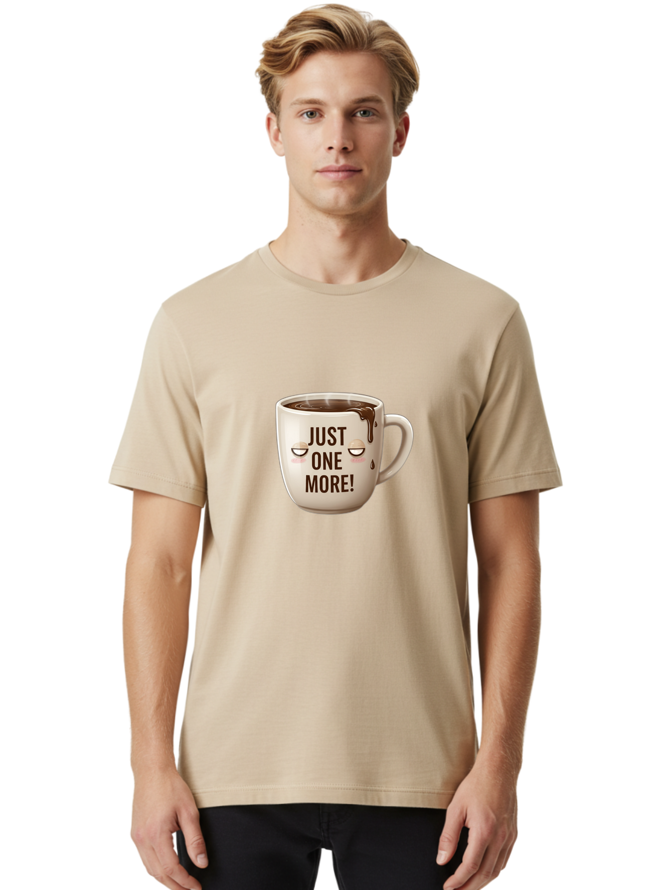 Just-One-More-1 Men'S Graphic Tee, 100% Cotton, Comfortable Casual Summer Wear, Machine Washable, Coffee Mug, Hot Chocolate, Morning Coffee, Funny Quote, Cute Design, Coffee Lover, Humorous Phrase, Adorable Character Bac080
