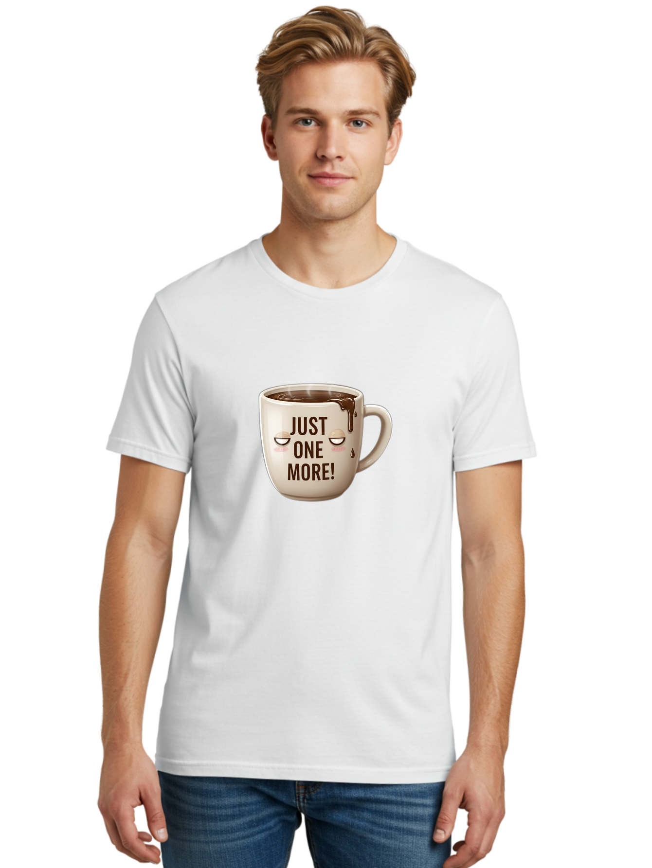 Just-One-More-1 Men'S Graphic Tee, 100% Cotton, Comfortable Casual Summer Wear, Machine Washable, Coffee Mug, Hot Chocolate, Morning Coffee, Funny Quote, Cute Design, Coffee Lover, Humorous Phrase, Adorable Character Bac080
