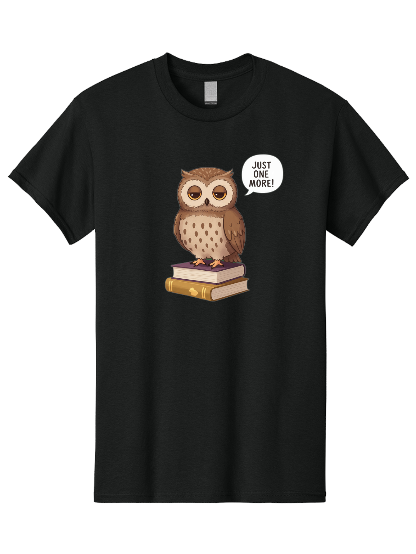 Just-One-More-3 Men'S Graphic Tee, 100% Cotton, Comfortable Casual Summer Wear, Machine Washable, Owl On Books, Reading Owl, Book Lover, Just One More, Cartoon Owl, Humorous Illustration, Reading Addiction, Brown Owl, Book Stack, Adorable Owl Bac082