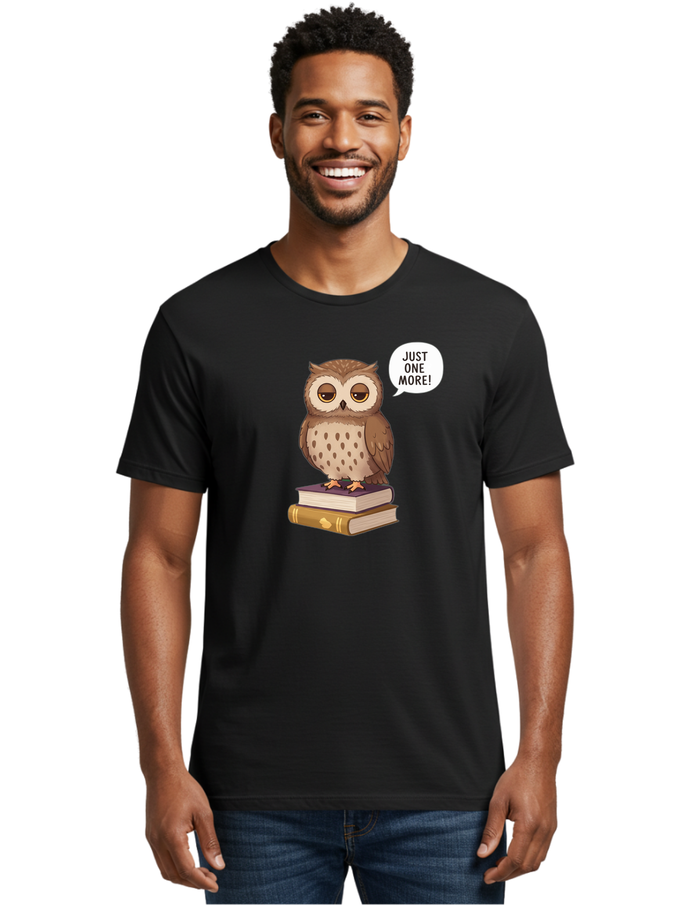 Just-One-More-3 Men'S Graphic Tee, 100% Cotton, Comfortable Casual Summer Wear, Machine Washable, Owl On Books, Reading Owl, Book Lover, Just One More, Cartoon Owl, Humorous Illustration, Reading Addiction, Brown Owl, Book Stack, Adorable Owl Bac082