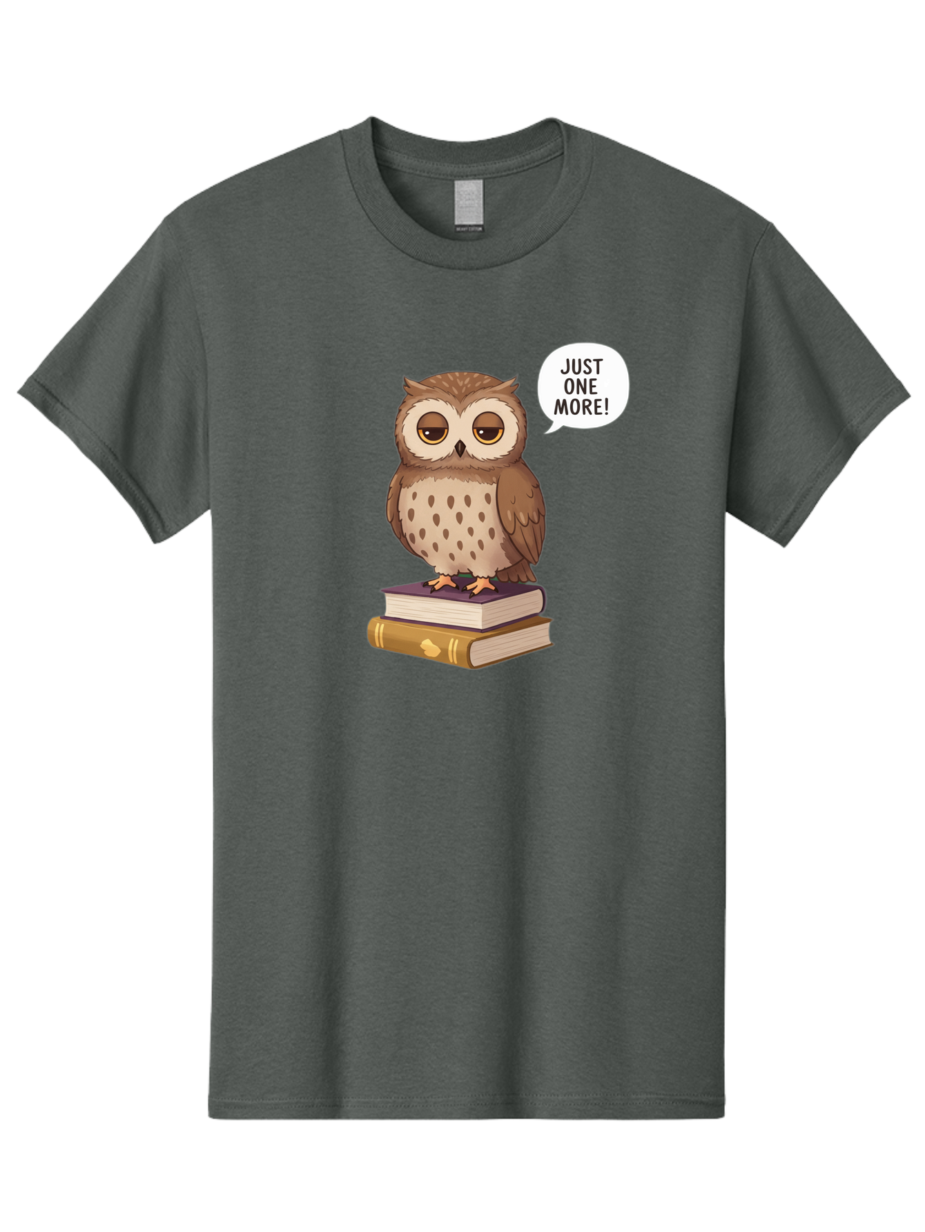 Just-One-More-3 Men'S Graphic Tee, 100% Cotton, Comfortable Casual Summer Wear, Machine Washable, Owl On Books, Reading Owl, Book Lover, Just One More, Cartoon Owl, Humorous Illustration, Reading Addiction, Brown Owl, Book Stack, Adorable Owl Bac082