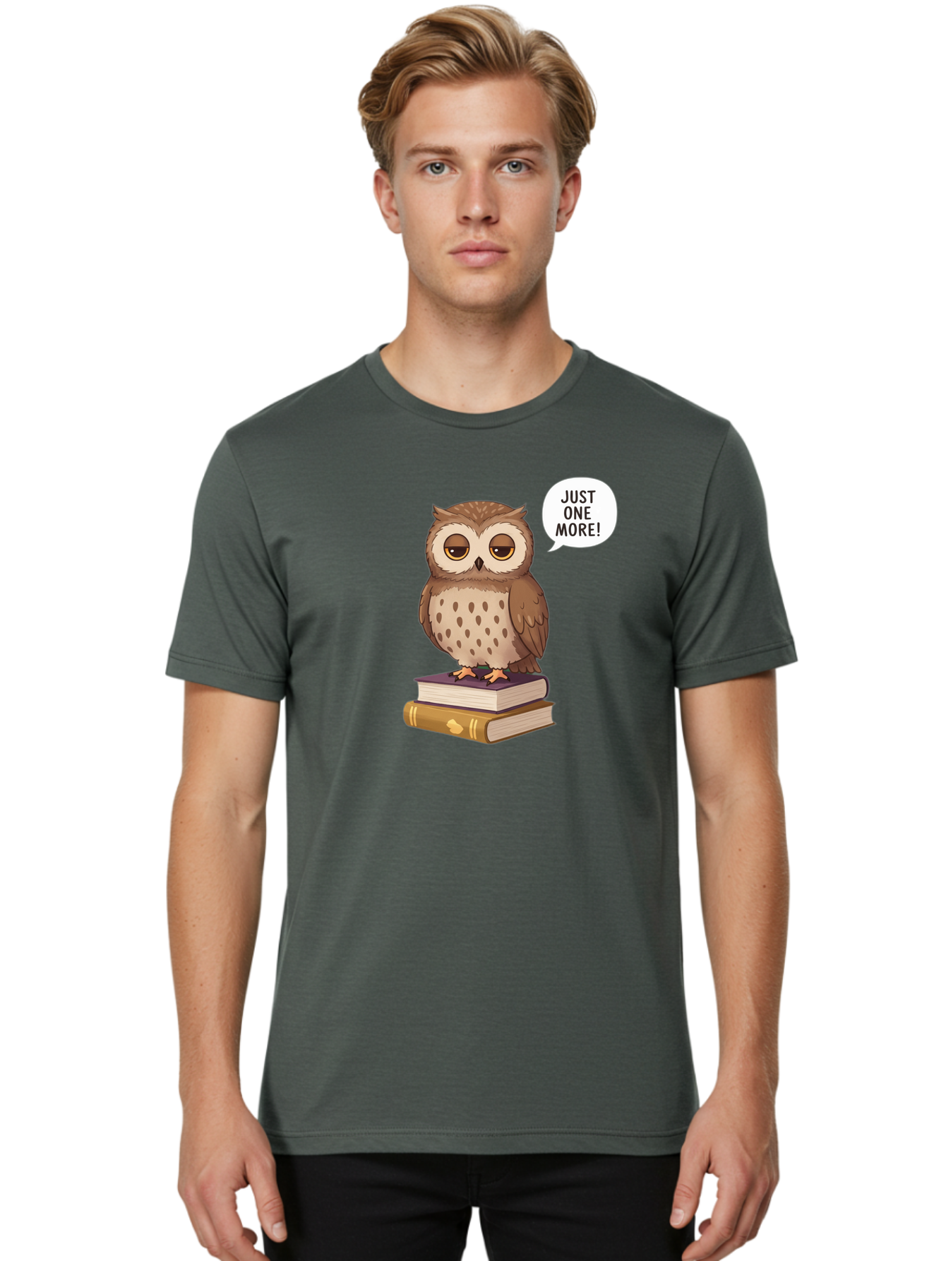 Just-One-More-3 Men'S Graphic Tee, 100% Cotton, Comfortable Casual Summer Wear, Machine Washable, Owl On Books, Reading Owl, Book Lover, Just One More, Cartoon Owl, Humorous Illustration, Reading Addiction, Brown Owl, Book Stack, Adorable Owl Bac082