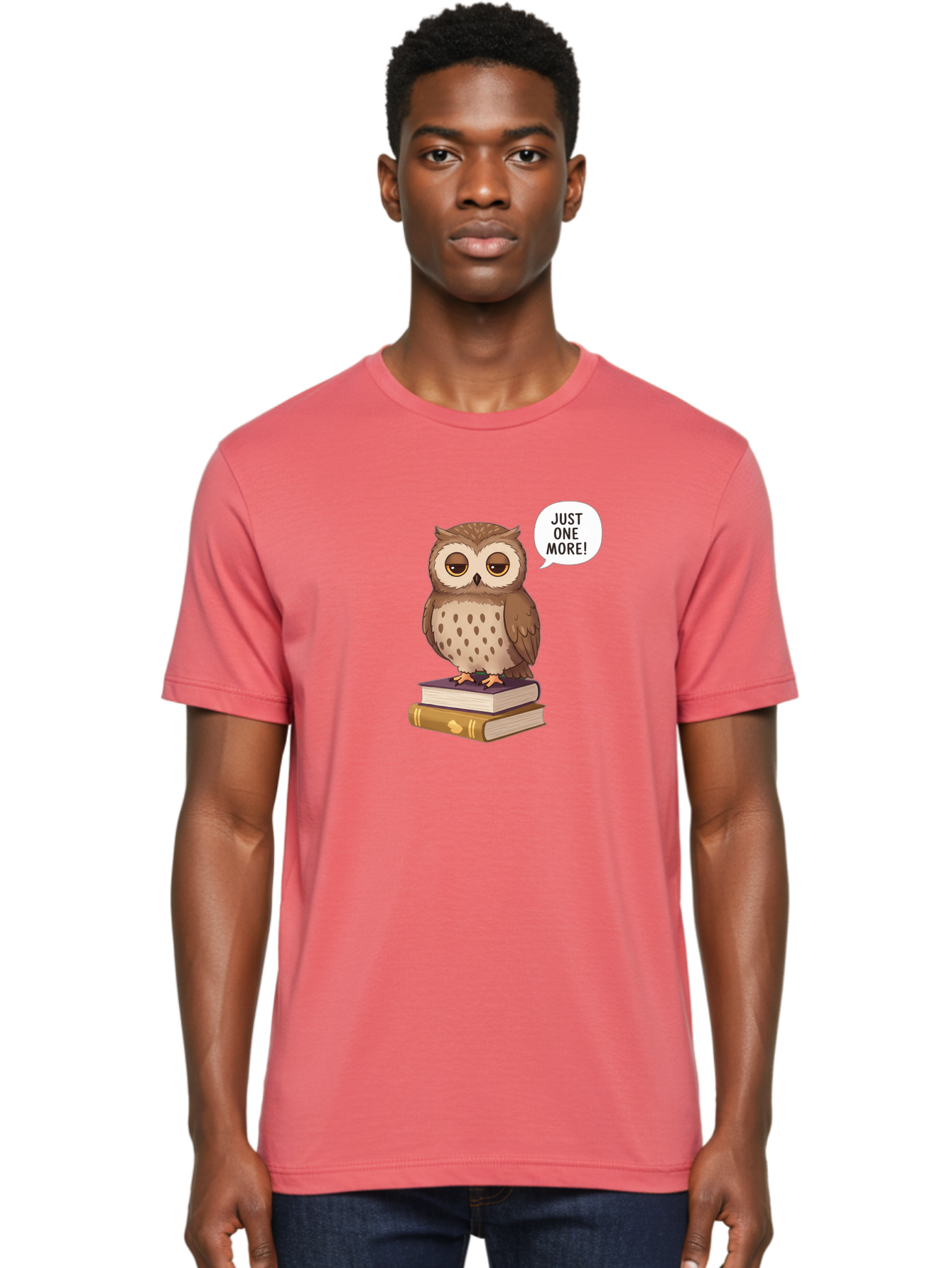 Just-One-More-3 Men'S Graphic Tee, 100% Cotton, Comfortable Casual Summer Wear, Machine Washable, Owl On Books, Reading Owl, Book Lover, Just One More, Cartoon Owl, Humorous Illustration, Reading Addiction, Brown Owl, Book Stack, Adorable Owl Bac082